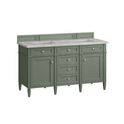 James Martin Vanities Brittany 60" Smokey Celadon Double Vanity With 3 cm Victorian Silver Top and FreePower Wireless Charger