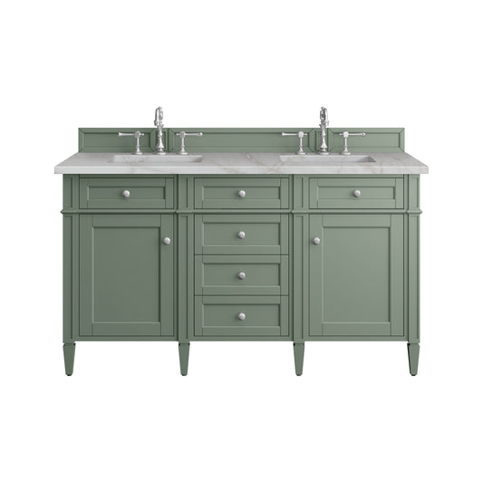 James Martin Vanities Brittany 60" Smokey Celadon Double Vanity With 3 cm Victorian Silver Top and FreePower Wireless Charger