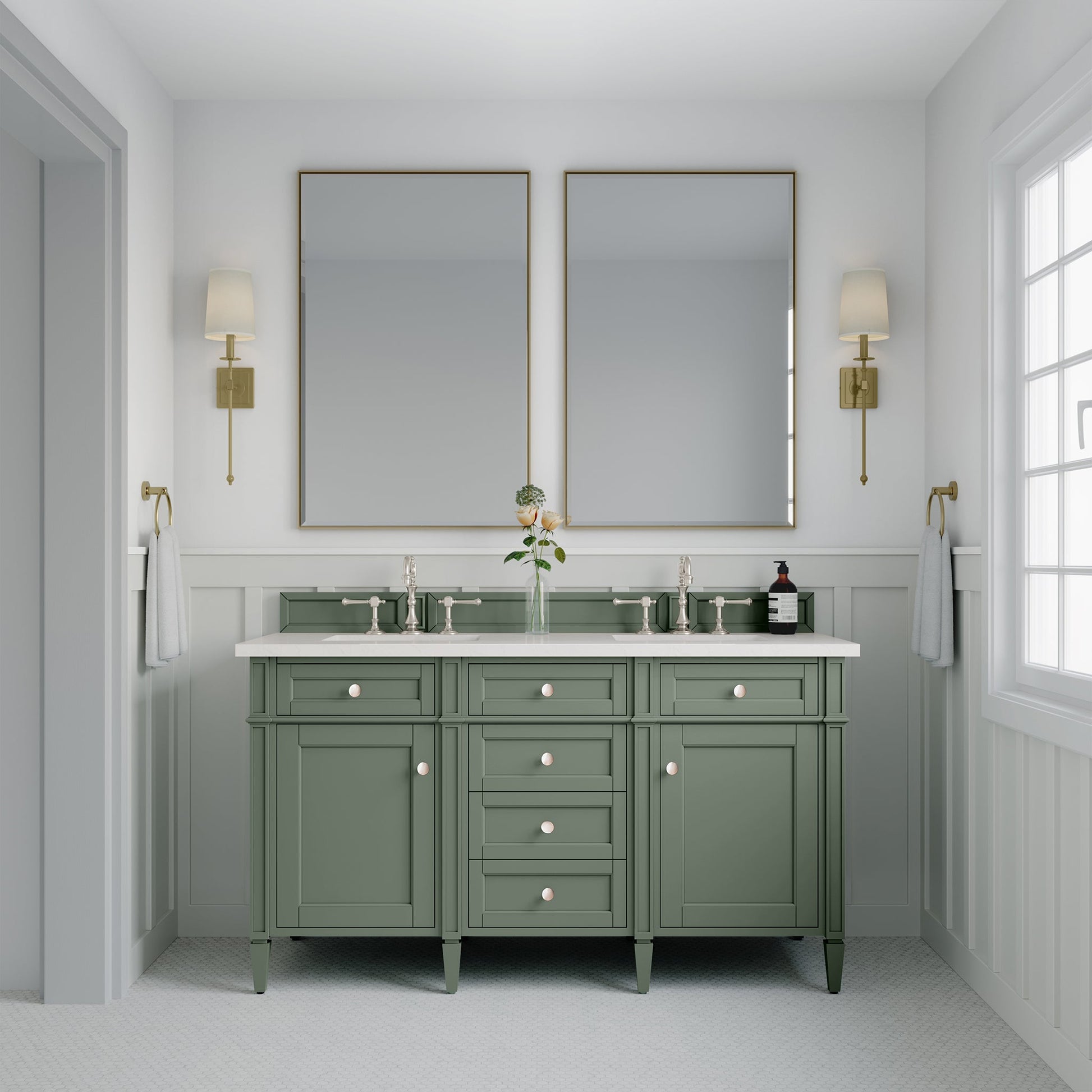 James Martin Vanities Brittany 60" Smokey Celadon Double Vanity With 3 cm White Zeus Top