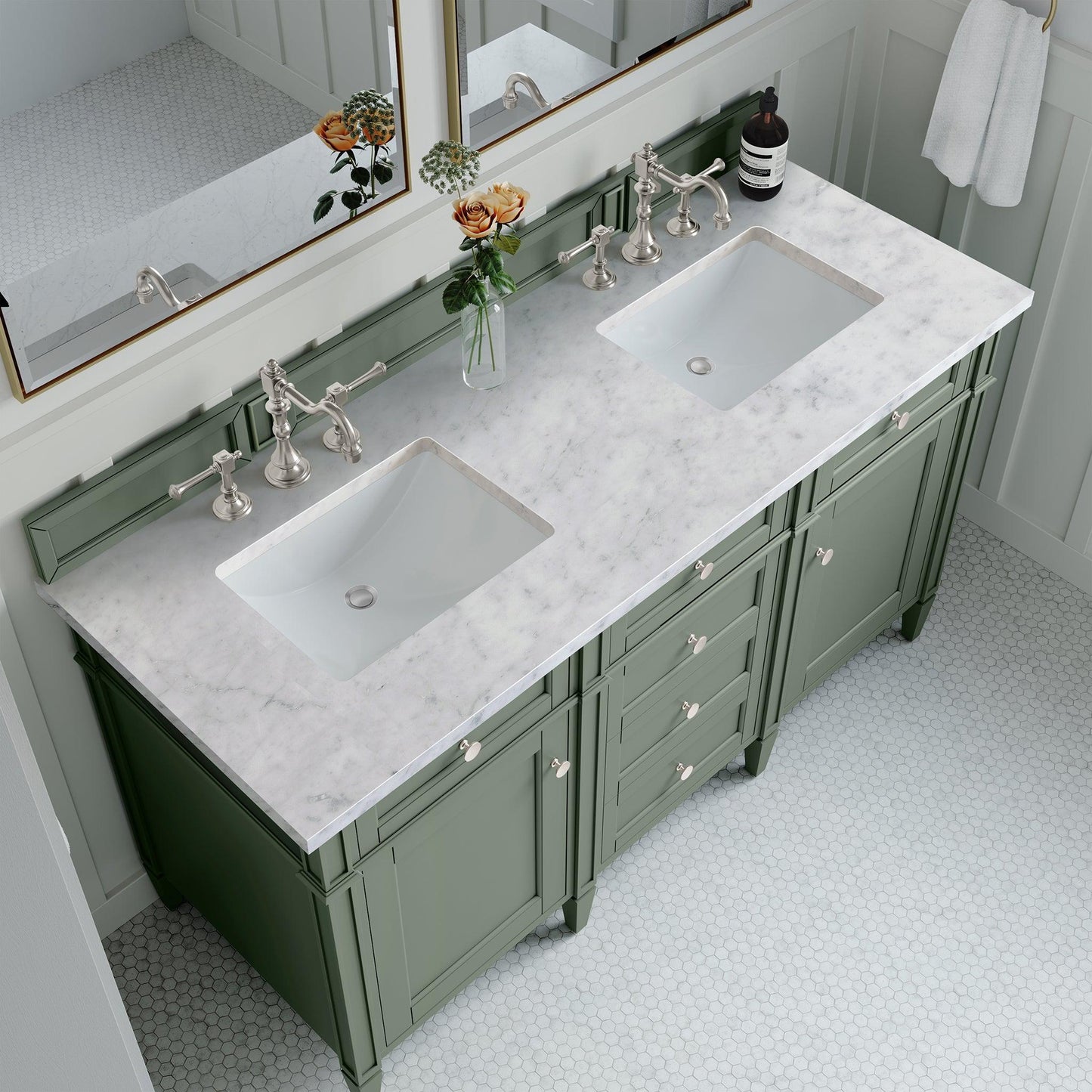 James Martin Vanities Brittany 60" Smokey Celadon Double Vanity With 3cm Carrara Marble Top