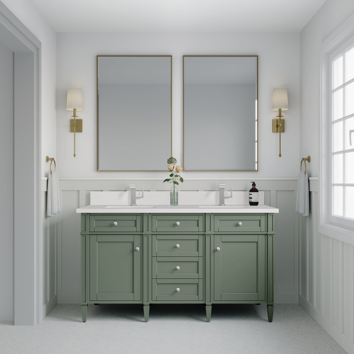 James Martin Vanities Brittany 60" Smokey Celadon Double Vanity With Single Hole 3 cm White Zeus Top & Backsplash