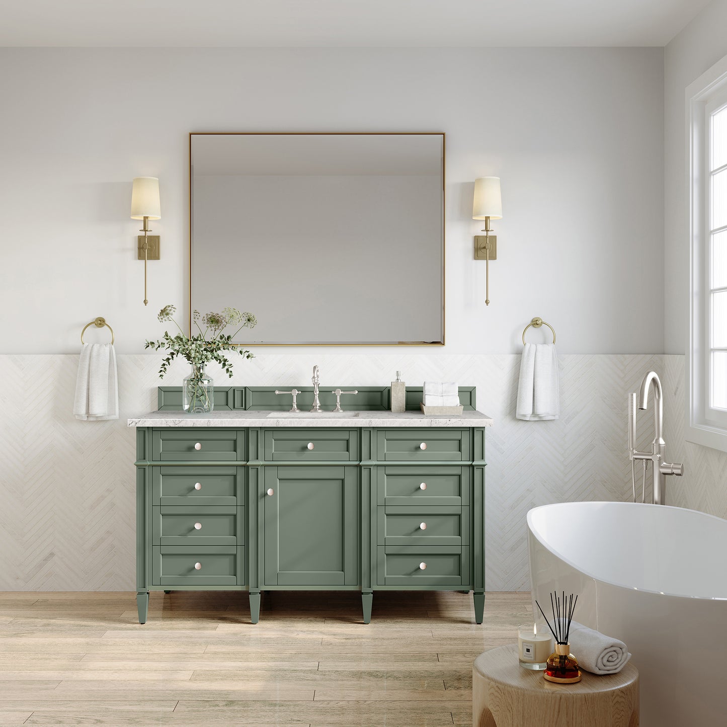 James Martin Vanities Brittany 60" Smokey Celadon Single Vanity With 3 cm Eternal Jasmine Pearl Top and FreePower Wireless Charger