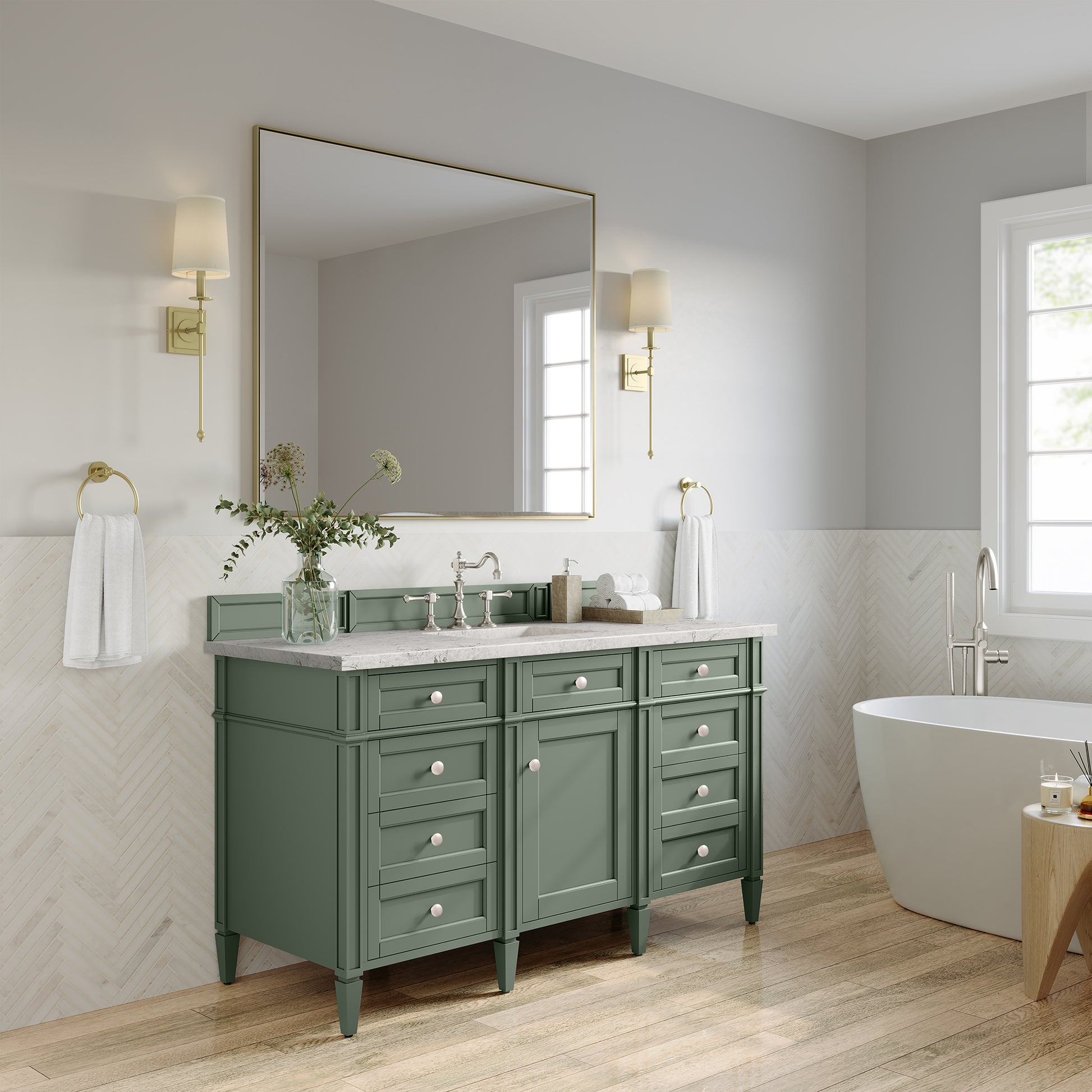 James Martin Vanities Brittany 60" Smokey Celadon Single Vanity With 3 cm Eternal Jasmine Pearl Top and FreePower Wireless Charger