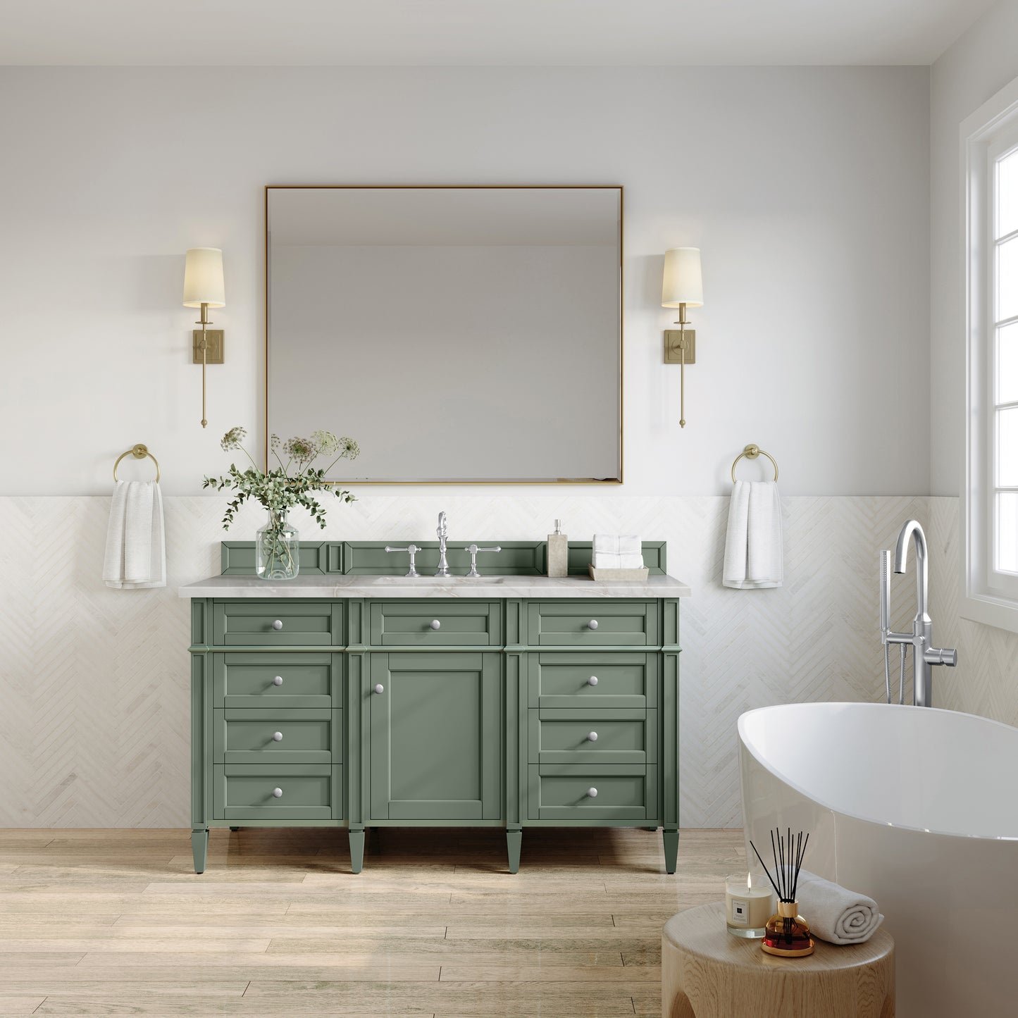 James Martin Vanities Brittany 60" Smokey Celadon Single Vanity With 3 cm Victorian Silver Top and FreePower Wireless Charger