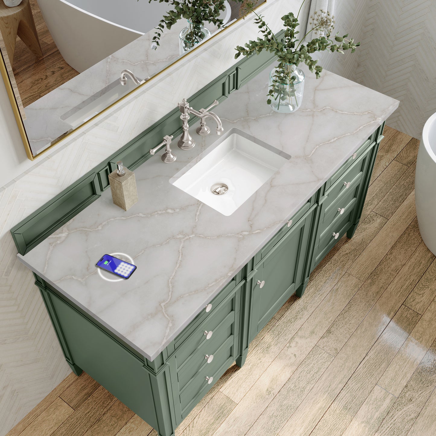 James Martin Vanities Brittany 60" Smokey Celadon Single Vanity With 3 cm Victorian Silver Top and FreePower Wireless Charger