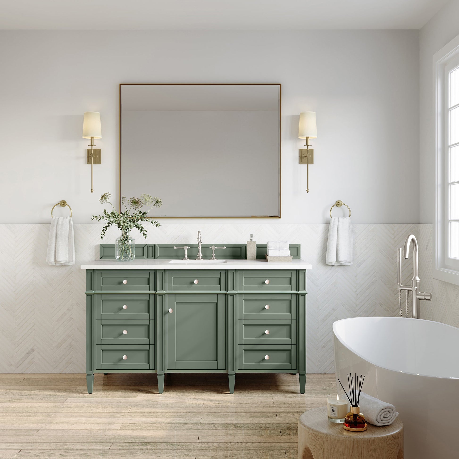 James Martin Vanities Brittany 60" Smokey Celadon Single Vanity With 3 cm White Zeus Top