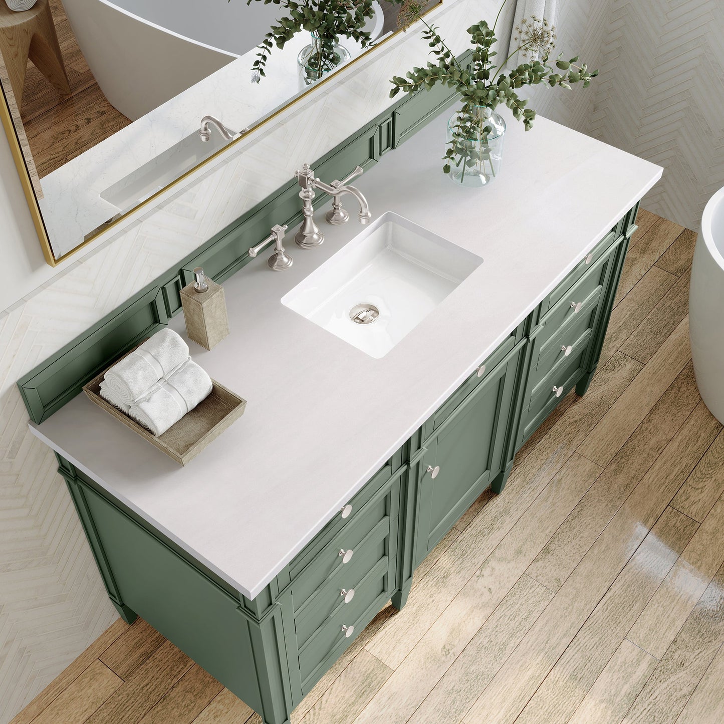 James Martin Vanities Brittany 60" Smokey Celadon Single Vanity With 3 cm White Zeus Top