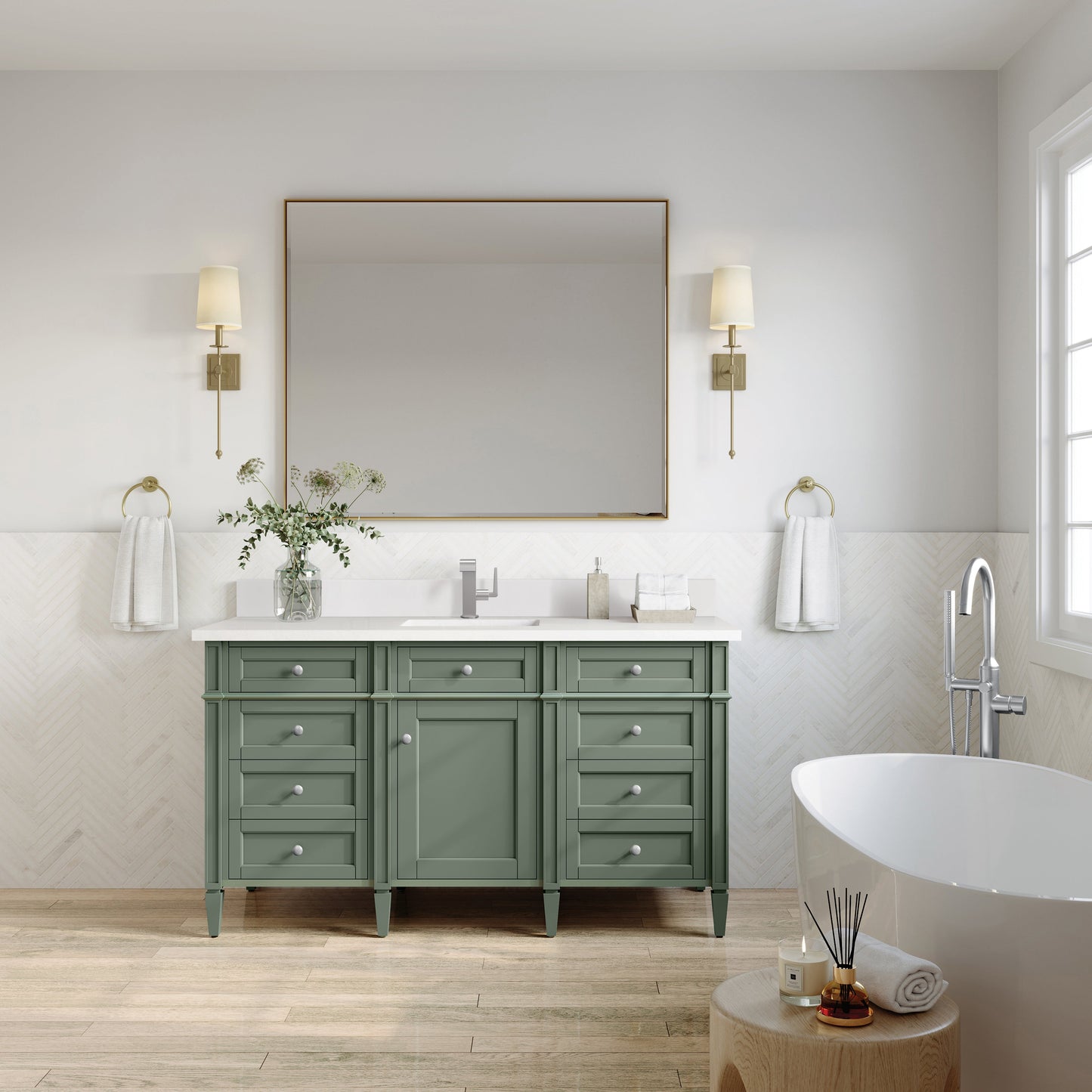 James Martin Vanities Brittany 60" Smokey Celadon Single Vanity With Single Hole 3 cm White Zeus Top & Backsplash