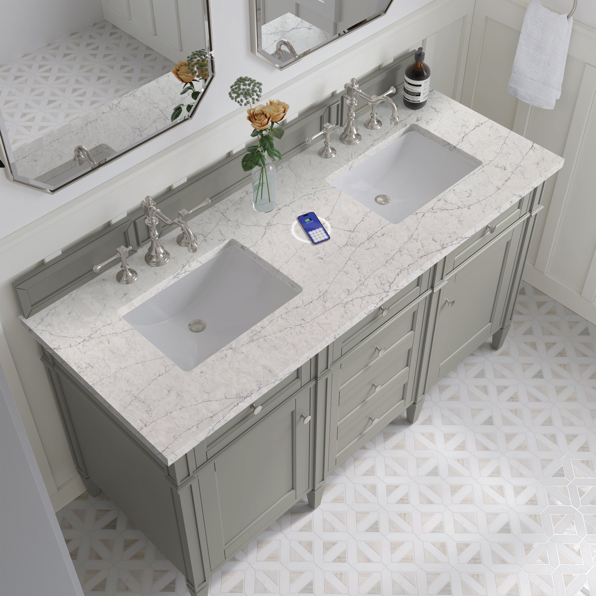 James Martin Vanities Brittany 60" Urban Gray Double Vanity With 3 cm Eternal Jasmine Pearl Silestone Top and FreePower Wireless Charger