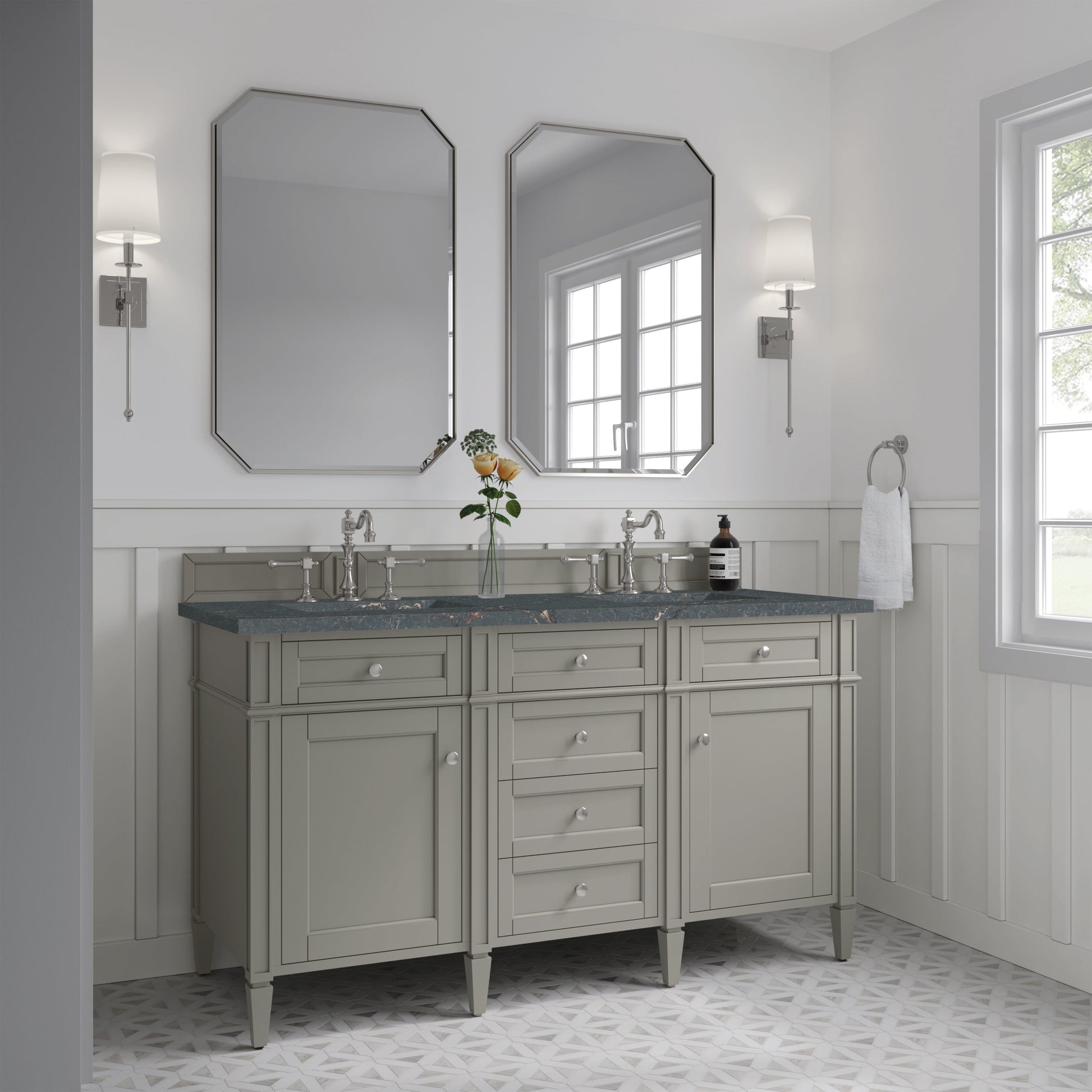 James Martin Vanities Brittany 60" Urban Gray Double Vanity With 3 cm Parisien Bleu Quartz Top