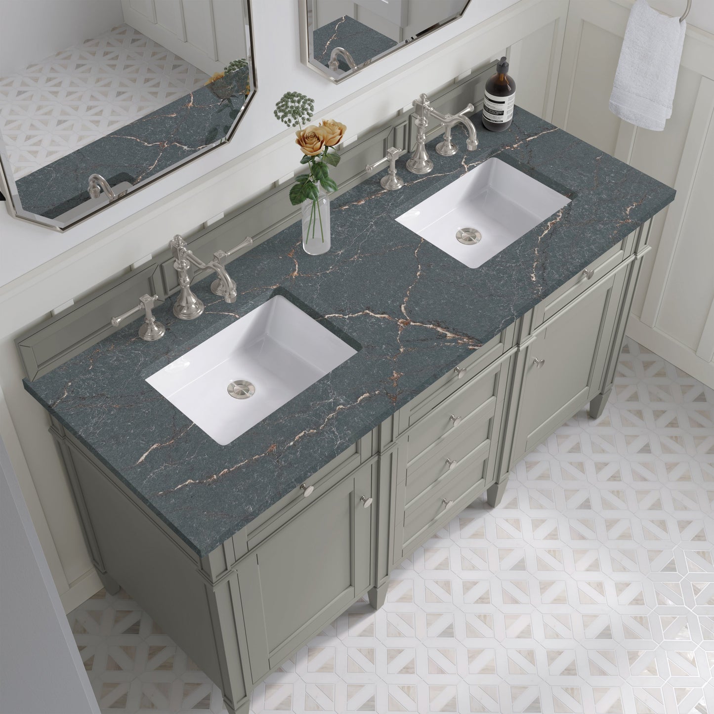 James Martin Vanities Brittany 60" Urban Gray Double Vanity With 3 cm Parisien Bleu Quartz Top