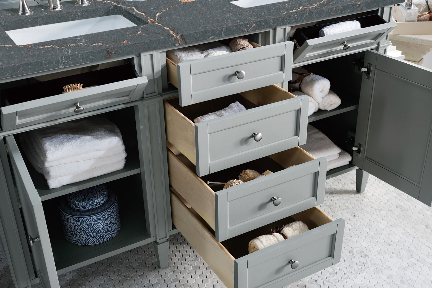 James Martin Vanities Brittany 60" Urban Gray Double Vanity With 3 cm Parisien Bleu Silestone Top and FreePower Wireless Charger