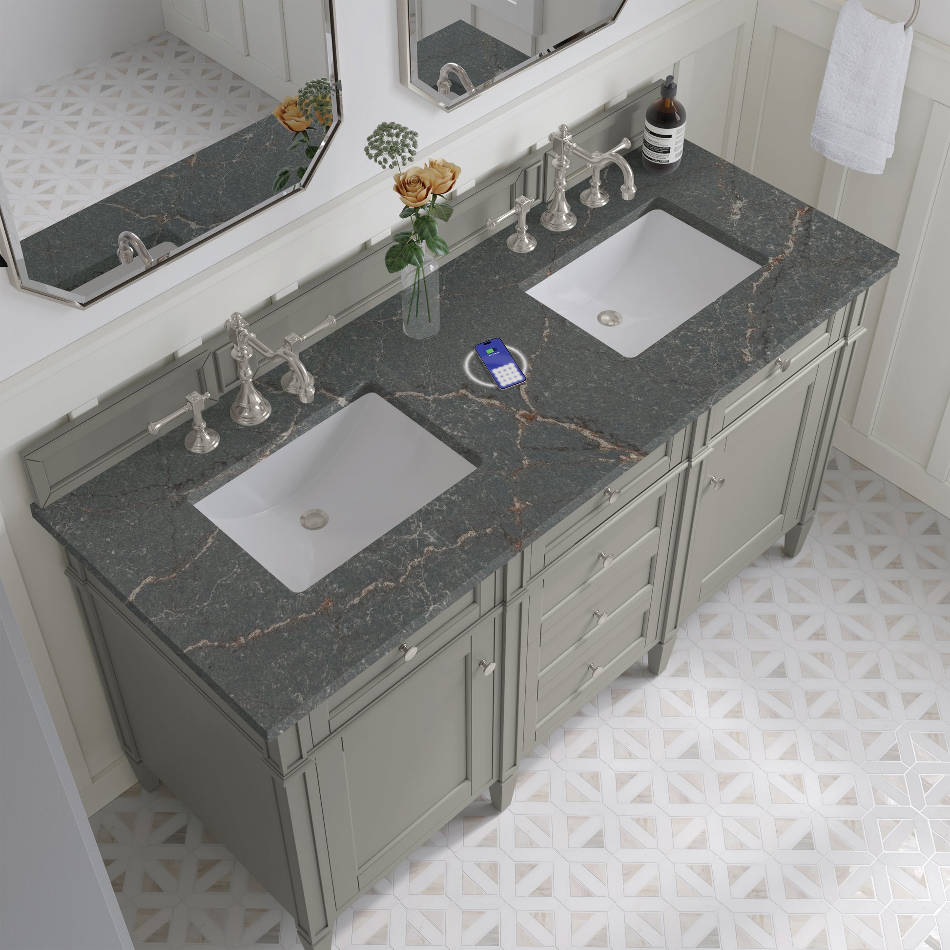 James Martin Vanities Brittany 60" Urban Gray Double Vanity With 3 cm Parisien Bleu Silestone Top and FreePower Wireless Charger