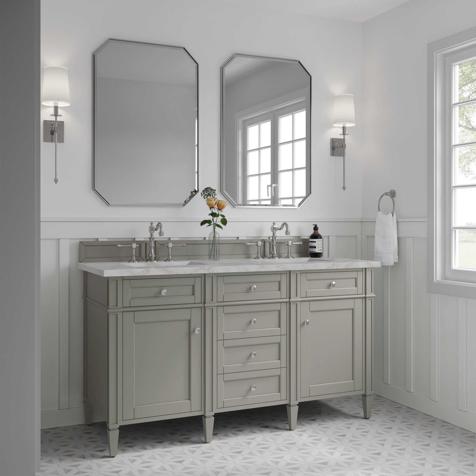 James Martin Vanities Brittany 60" Urban Gray Double Vanity With 3 cm Victorian Silver Quartz Top