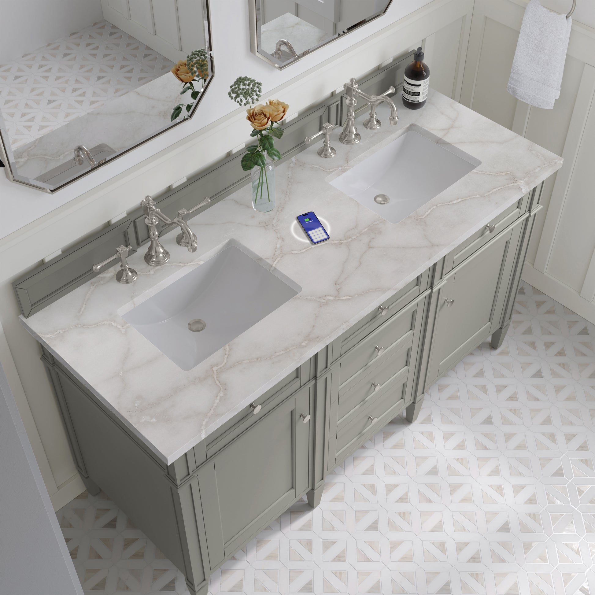 James Martin Vanities Brittany 60" Urban Gray Double Vanity With 3 cm Victorian Silver Silestone Top and FreePower Wireless Charger
