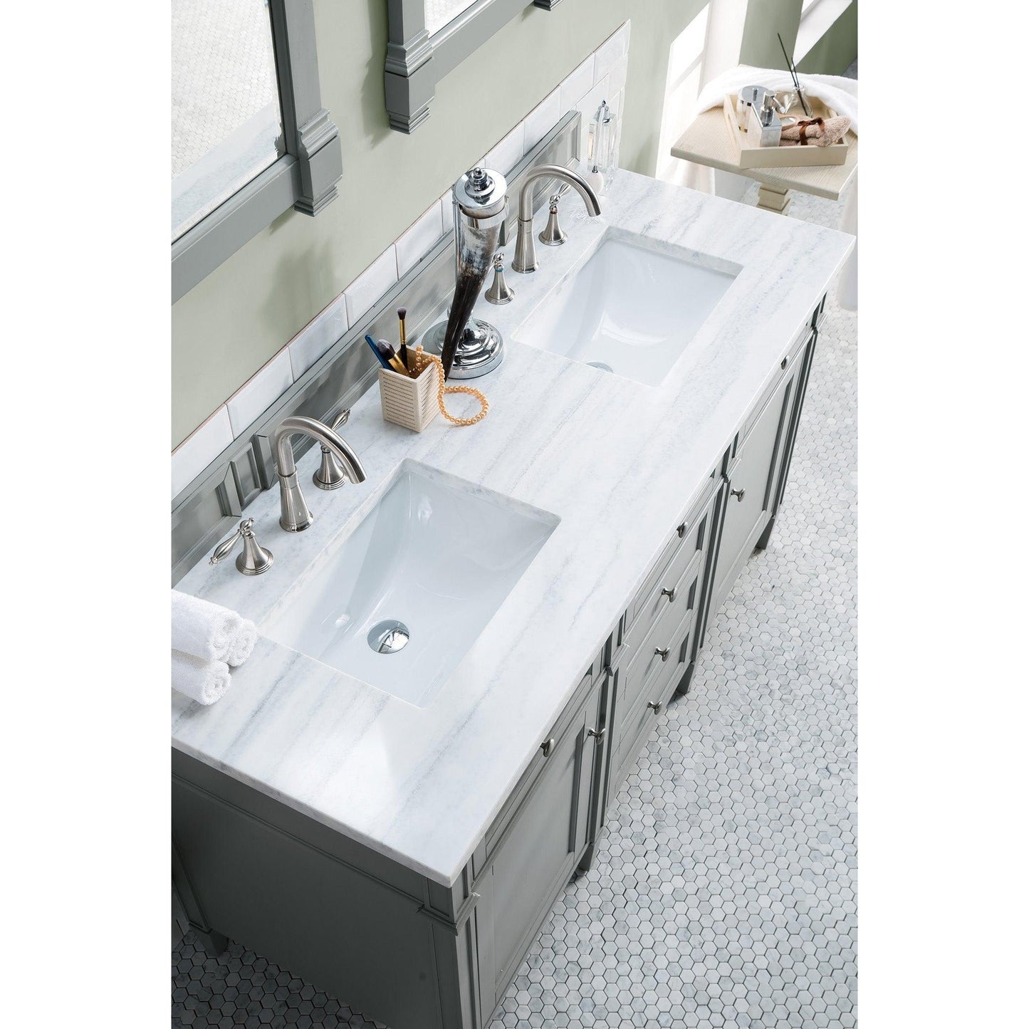 James Martin Vanities Brittany 60" Urban Gray Double Vanity With 3cm Arctic Fall Solid Surface Top