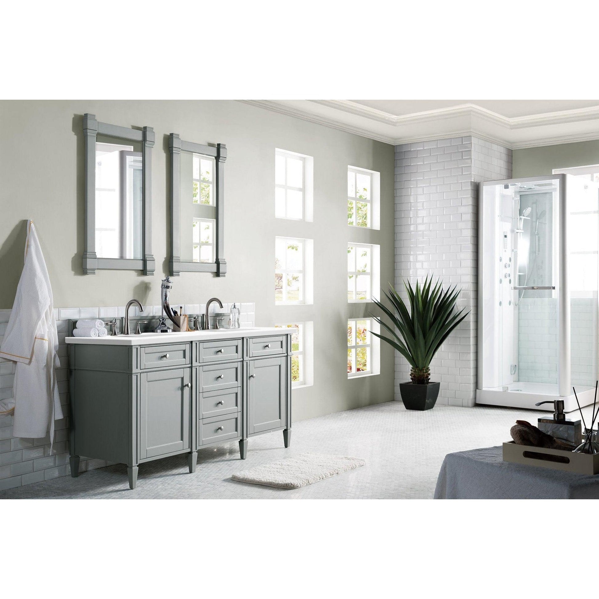 James Martin Vanities Brittany 60" Urban Gray Double Vanity With 3cm White Zeus Quartz Top