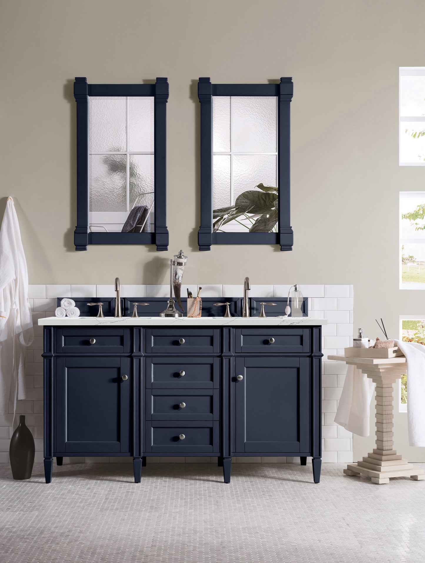 James Martin Vanities Brittany 60" Victory Blue Double Vanity With 3 cm Ethereal Noctis Silestone Top and FreePower Wireless Charger