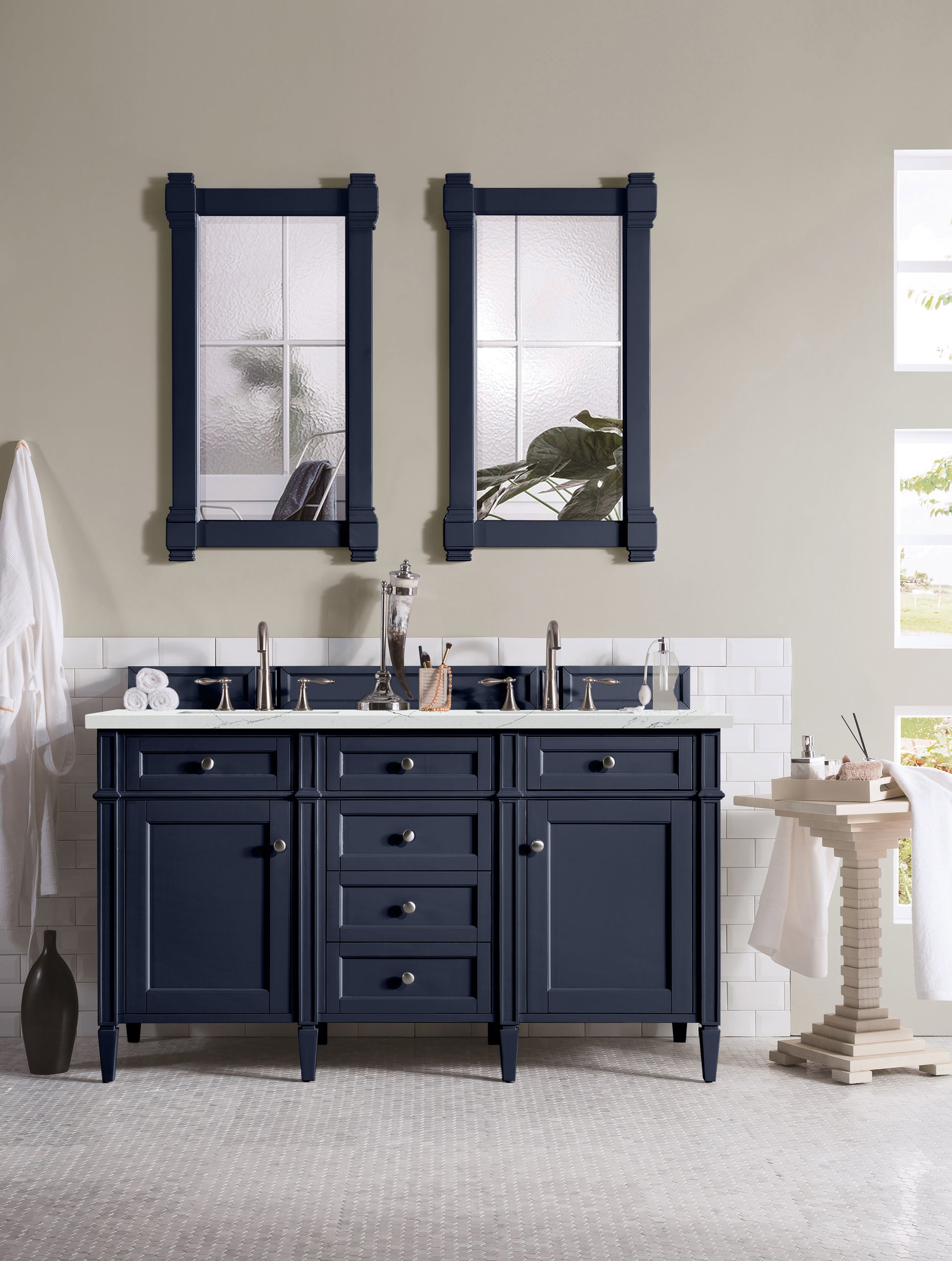 James Martin Vanities Brittany 60" Victory Blue Double Vanity With 3 cm Ethereal Noctis Silestone Top and FreePower Wireless Charger