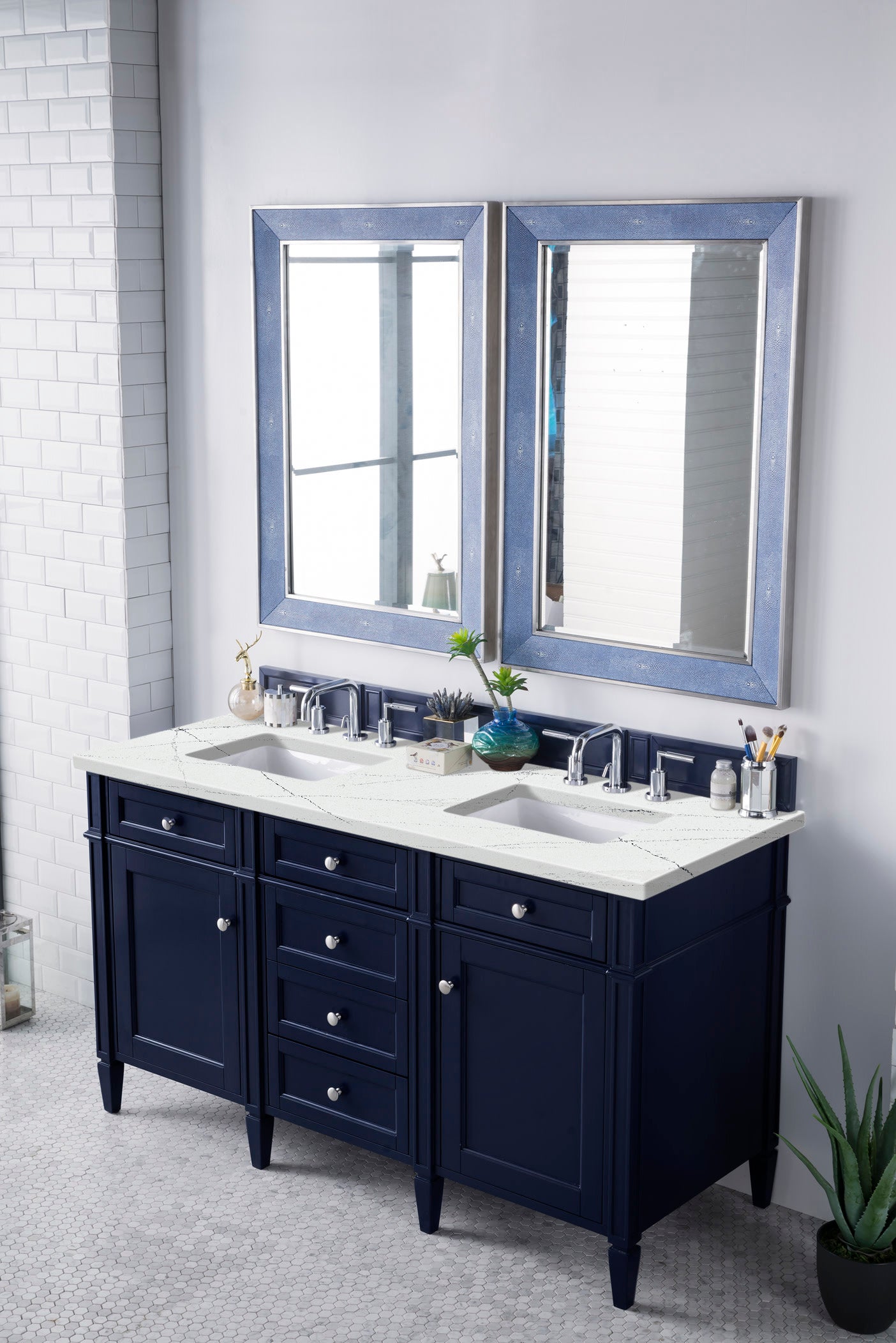 James Martin Vanities Brittany 60" Victory Blue Double Vanity With 3 cm Ethereal Noctis Silestone Top and FreePower Wireless Charger