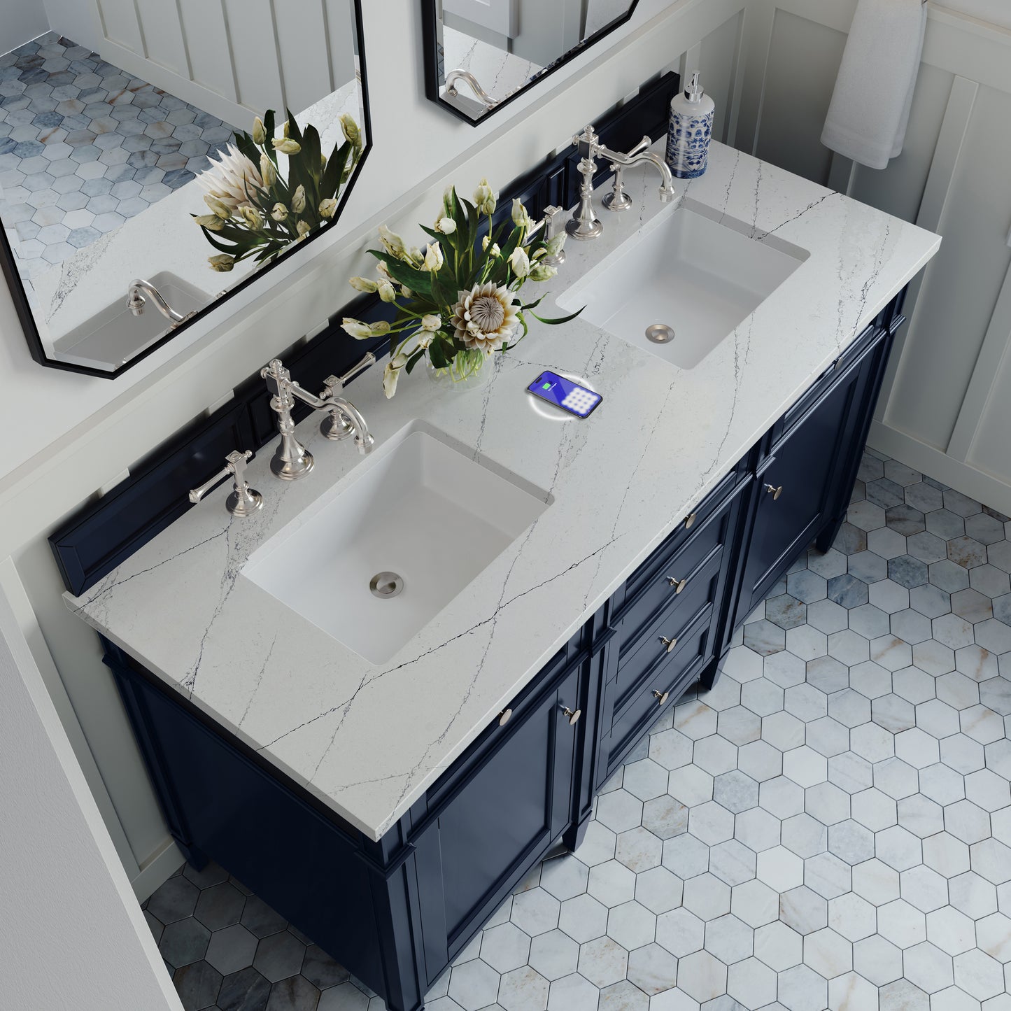 James Martin Vanities Brittany 60" Victory Blue Double Vanity With 3 cm Ethereal Noctis Silestone Top and FreePower Wireless Charger