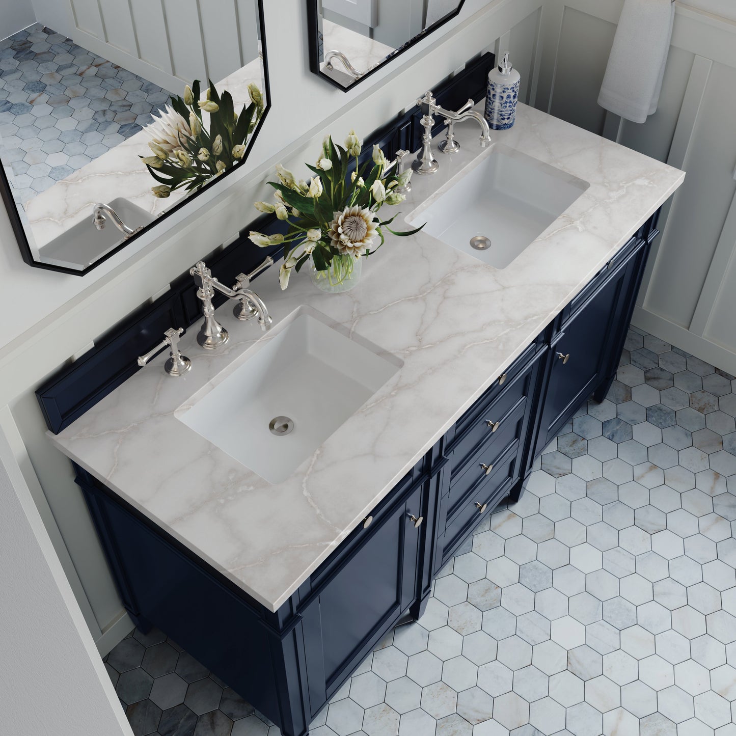 James Martin Vanities Brittany 60" Victory Blue Double Vanity With 3 cm Victorian Silver Quartz Top