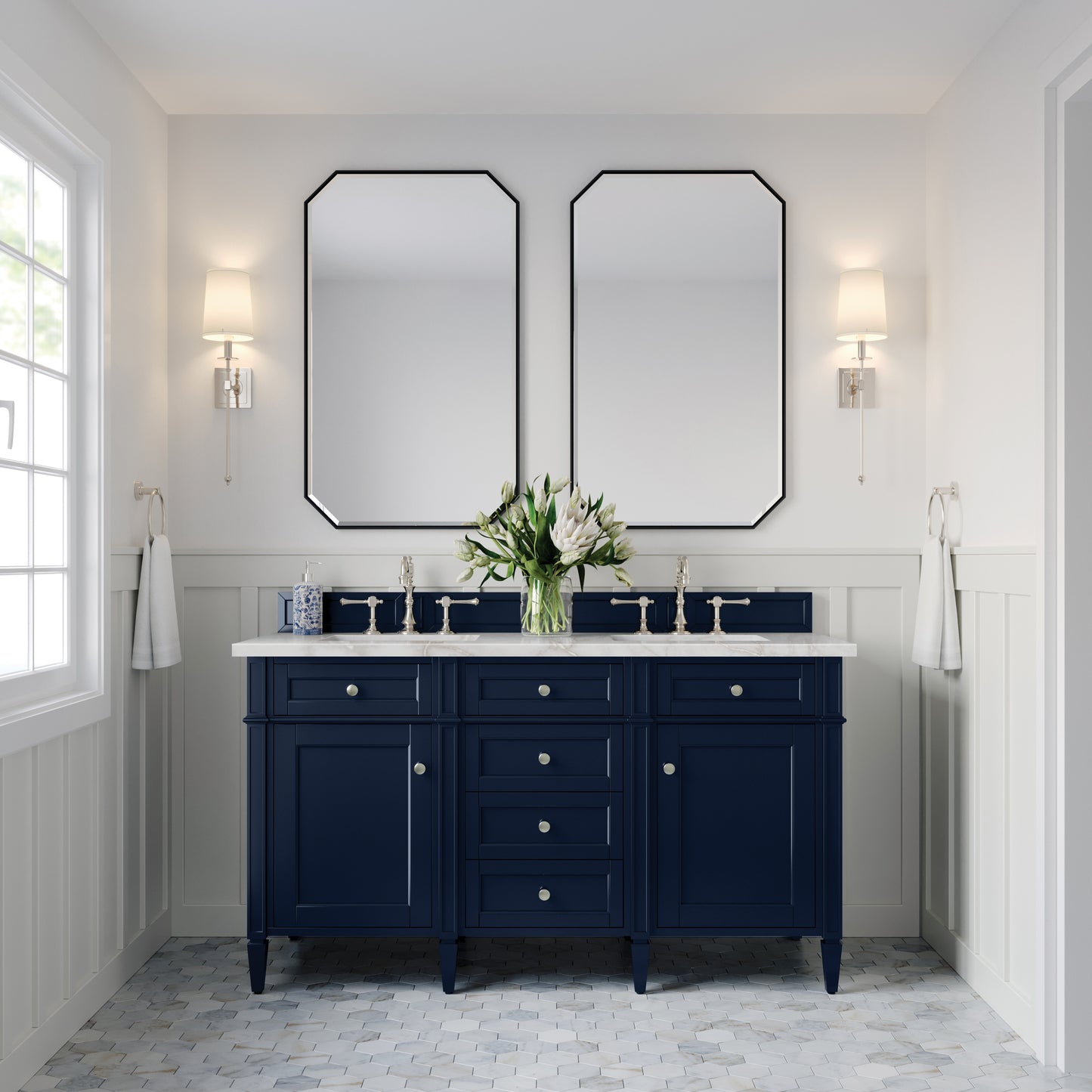 James Martin Vanities Brittany 60" Victory Blue Double Vanity With 3 cm Victorian Silver Silestone Top and FreePower Wireless Charger