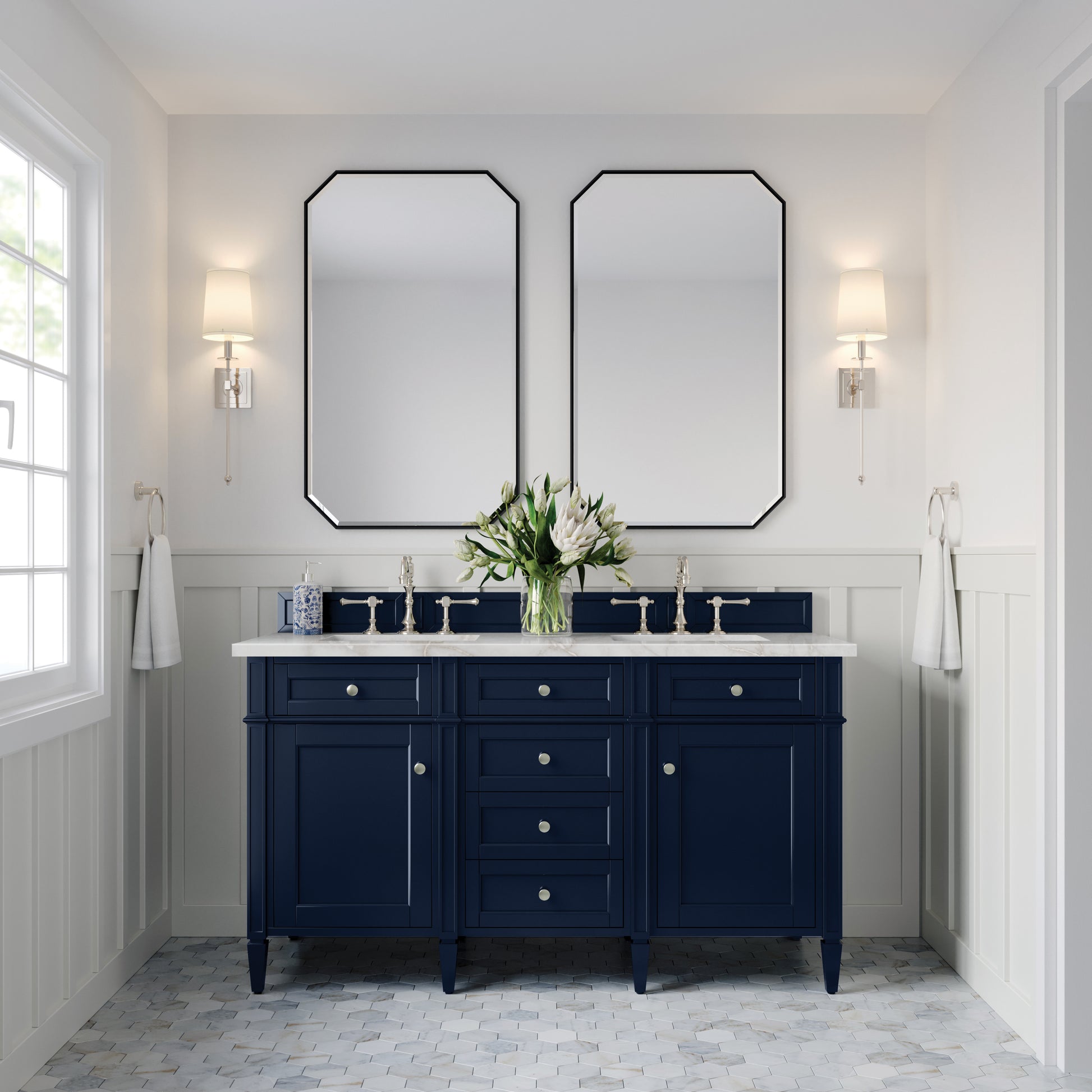 James Martin Vanities Brittany 60" Victory Blue Double Vanity With 3 cm Victorian Silver Silestone Top and FreePower Wireless Charger