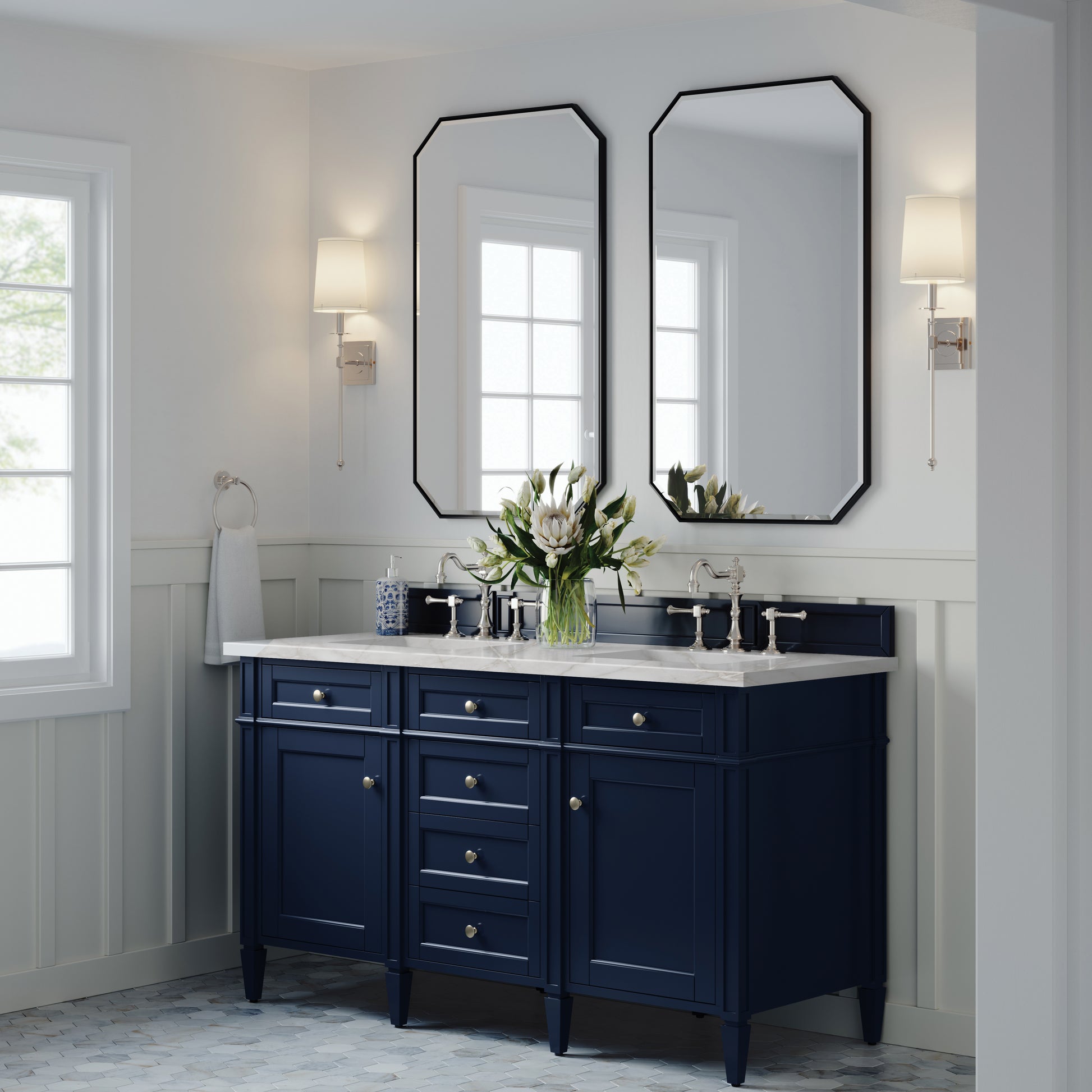 James Martin Vanities Brittany 60" Victory Blue Double Vanity With 3 cm Victorian Silver Silestone Top and FreePower Wireless Charger