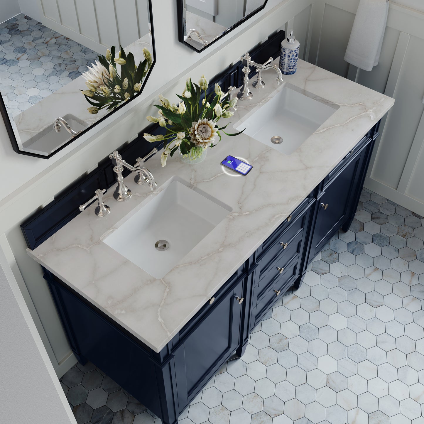 James Martin Vanities Brittany 60" Victory Blue Double Vanity With 3 cm Victorian Silver Silestone Top and FreePower Wireless Charger