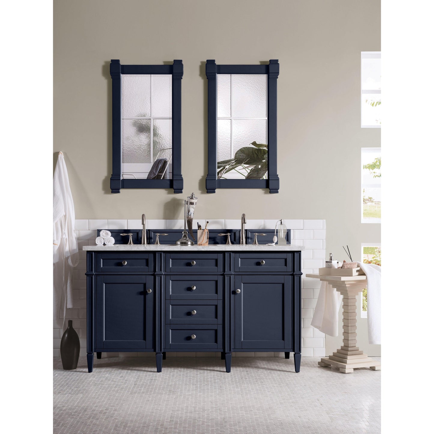 James Martin Vanities Brittany 60" Victory Blue Double Vanity With 3cm Carrara Marble Top