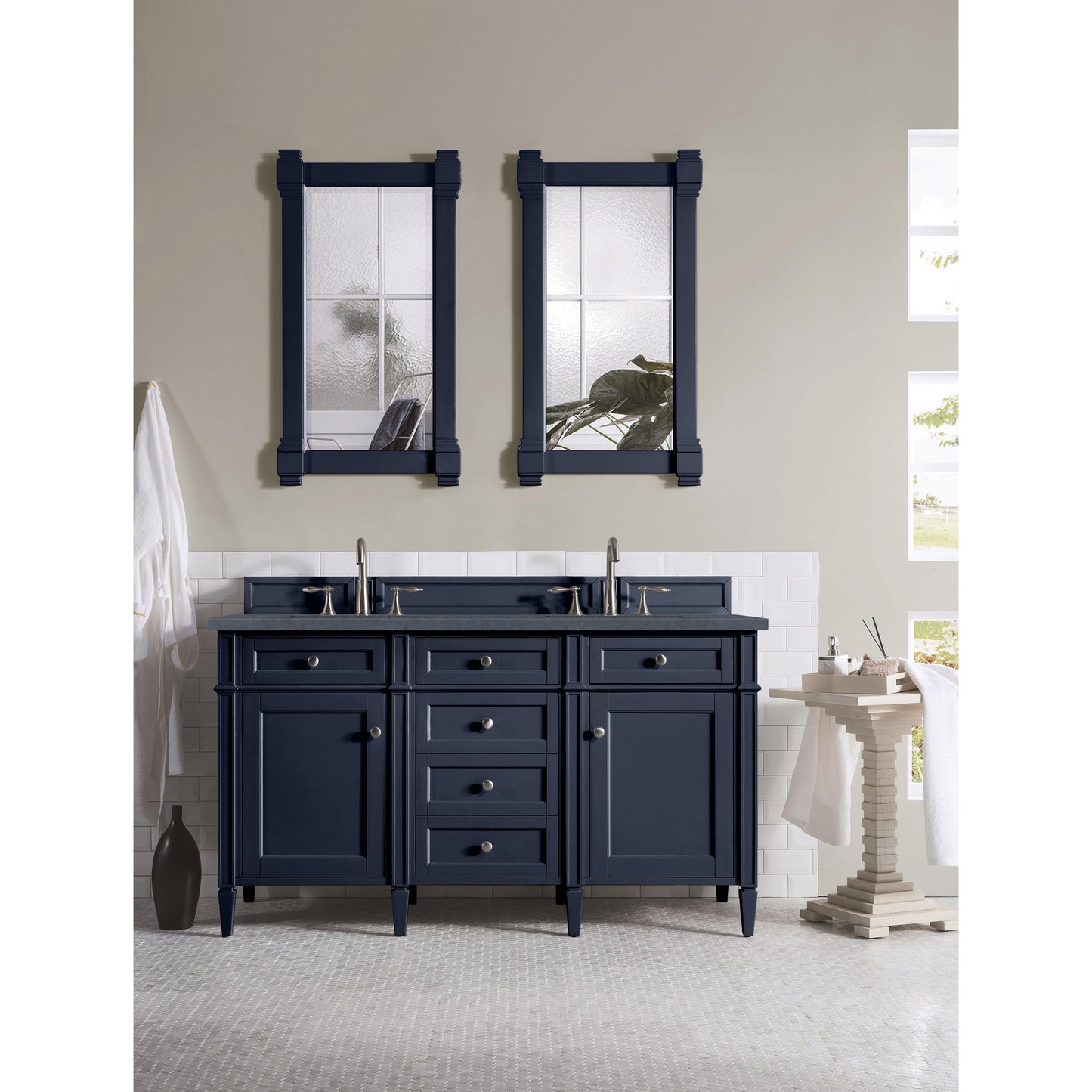 James Martin Vanities Brittany 60" Victory Blue Double Vanity With 3cm Eternal Jasmine Pearl Quartz Top