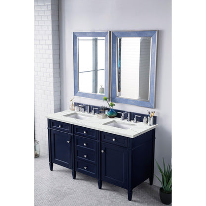 James Martin Vanities Brittany 60" Victory Blue Double Vanity With 3cm Ethereal Noctis Quartz Top