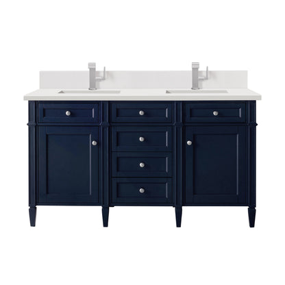 James Martin Vanities Brittany 60" Victory Blue Double Vanity With Single Hole 3 cm White Zeus Quartz Top & Backsplash