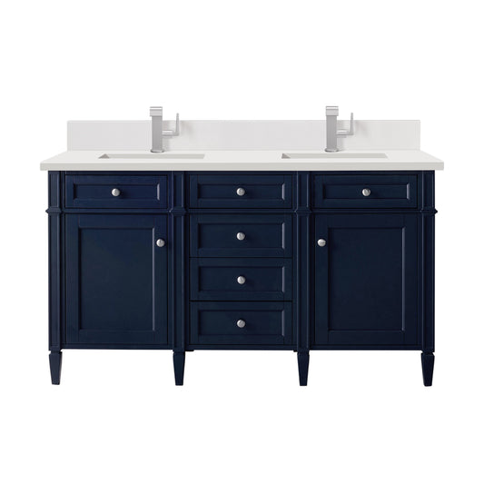 James Martin Vanities Brittany 60" Victory Blue Double Vanity With Single Hole 3 cm White Zeus Quartz Top & Backsplash