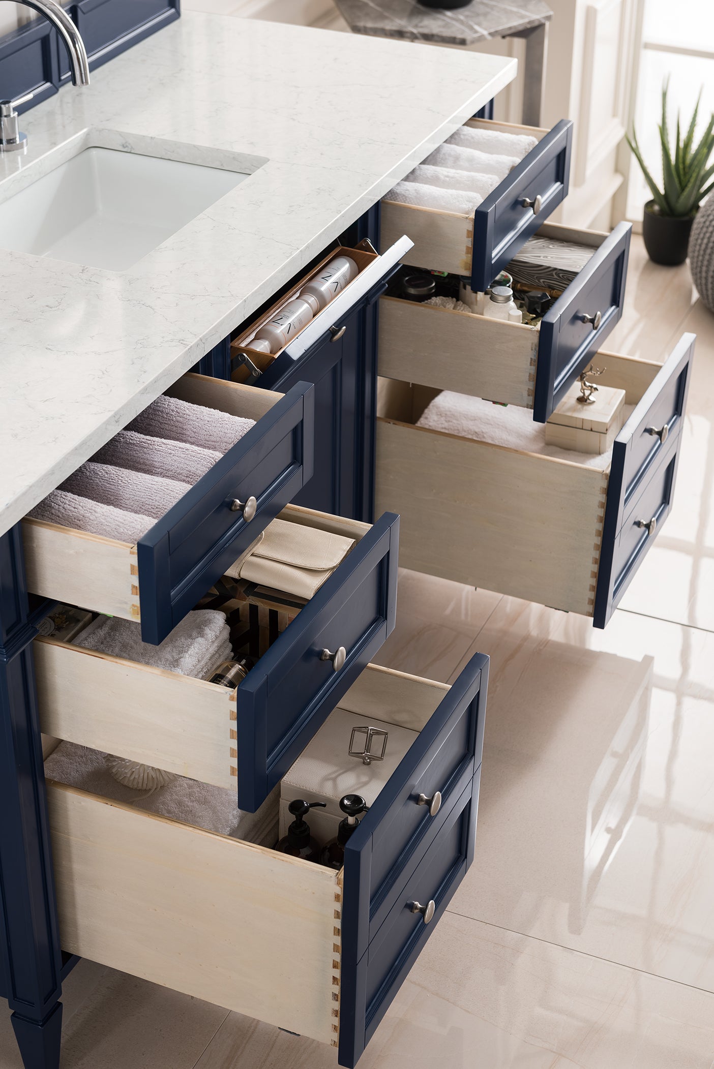 James Martin Vanities Brittany 60" Victory Blue Single Vanity With 3 cm Eternal Jasmine Pearl Silestone Top and FreePower Wireless Charger