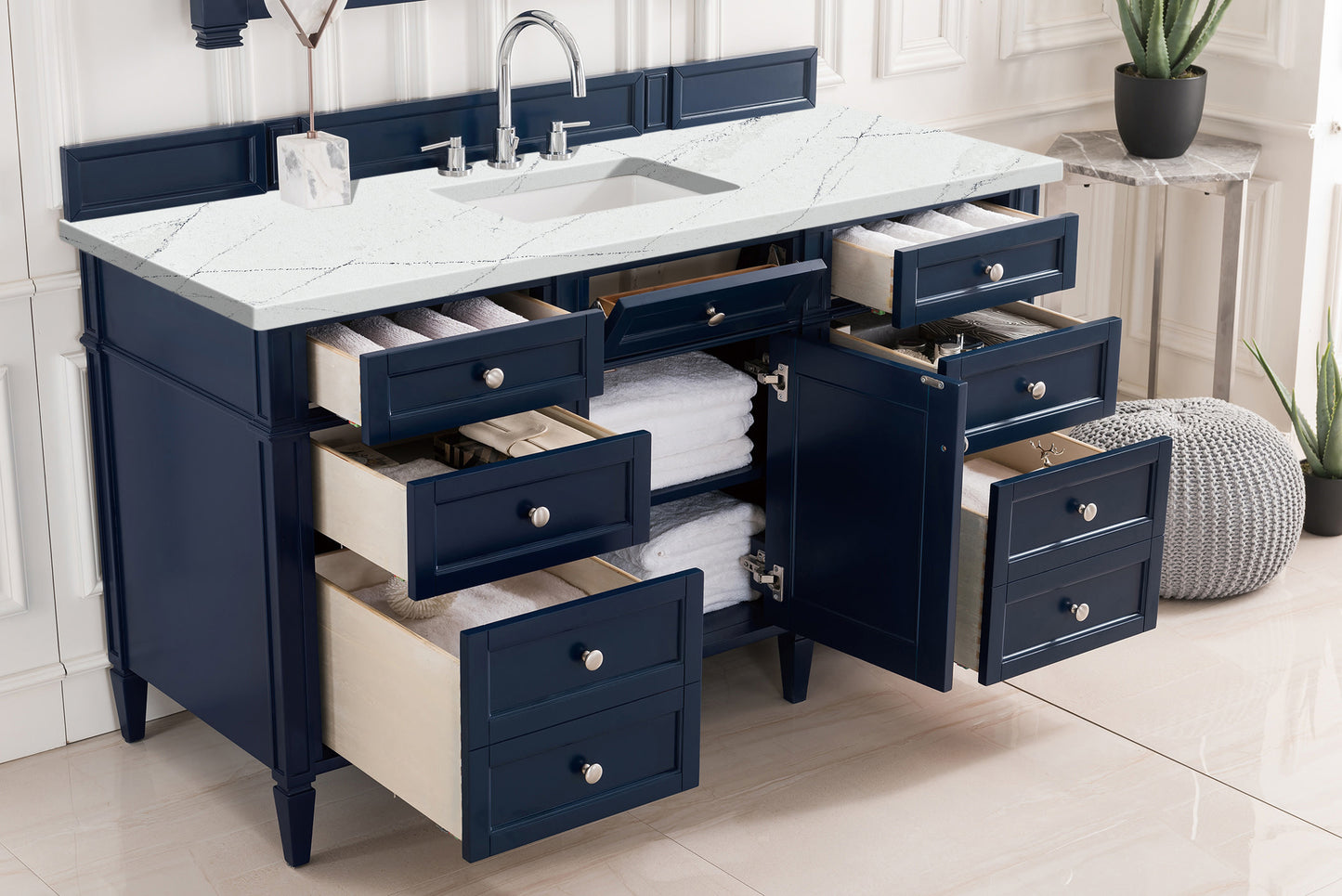 James Martin Vanities Brittany 60" Victory Blue Single Vanity With 3 cm Ethereal Noctis Silestone Top and FreePower Wireless Charger