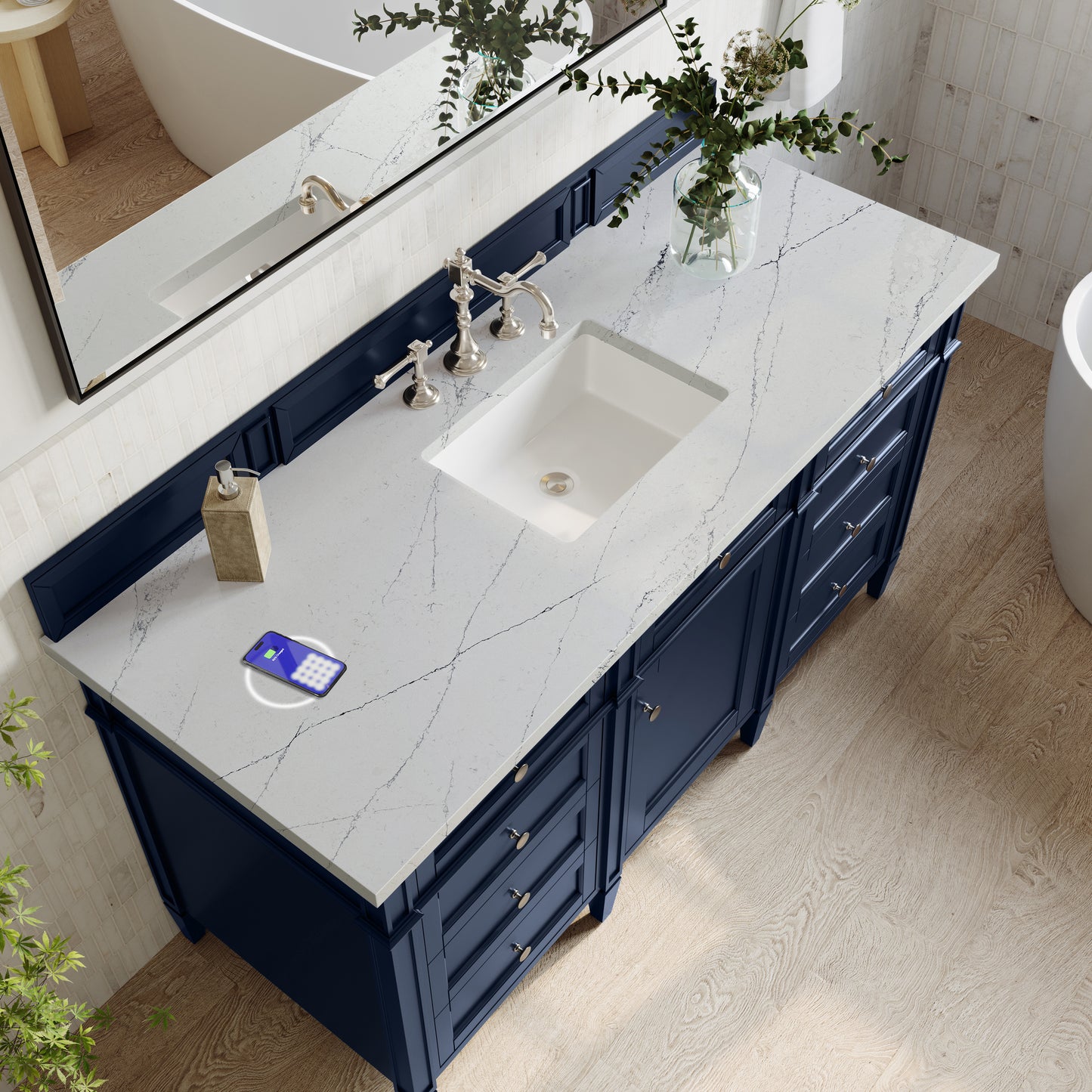 James Martin Vanities Brittany 60" Victory Blue Single Vanity With 3 cm Ethereal Noctis Silestone Top and FreePower Wireless Charger