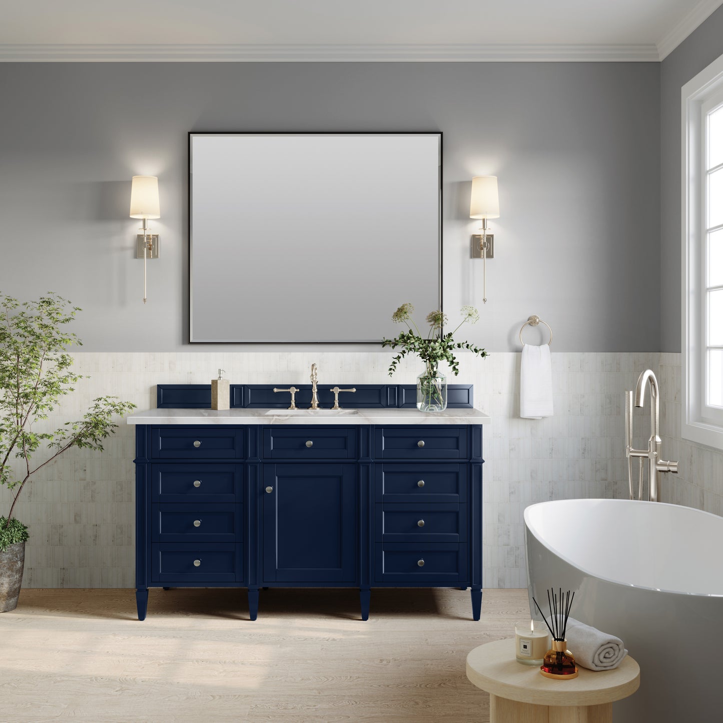 James Martin Vanities Brittany 60" Victory Blue Single Vanity With 3 cm Victorian Silver Silestone Top and FreePower Wireless Charger