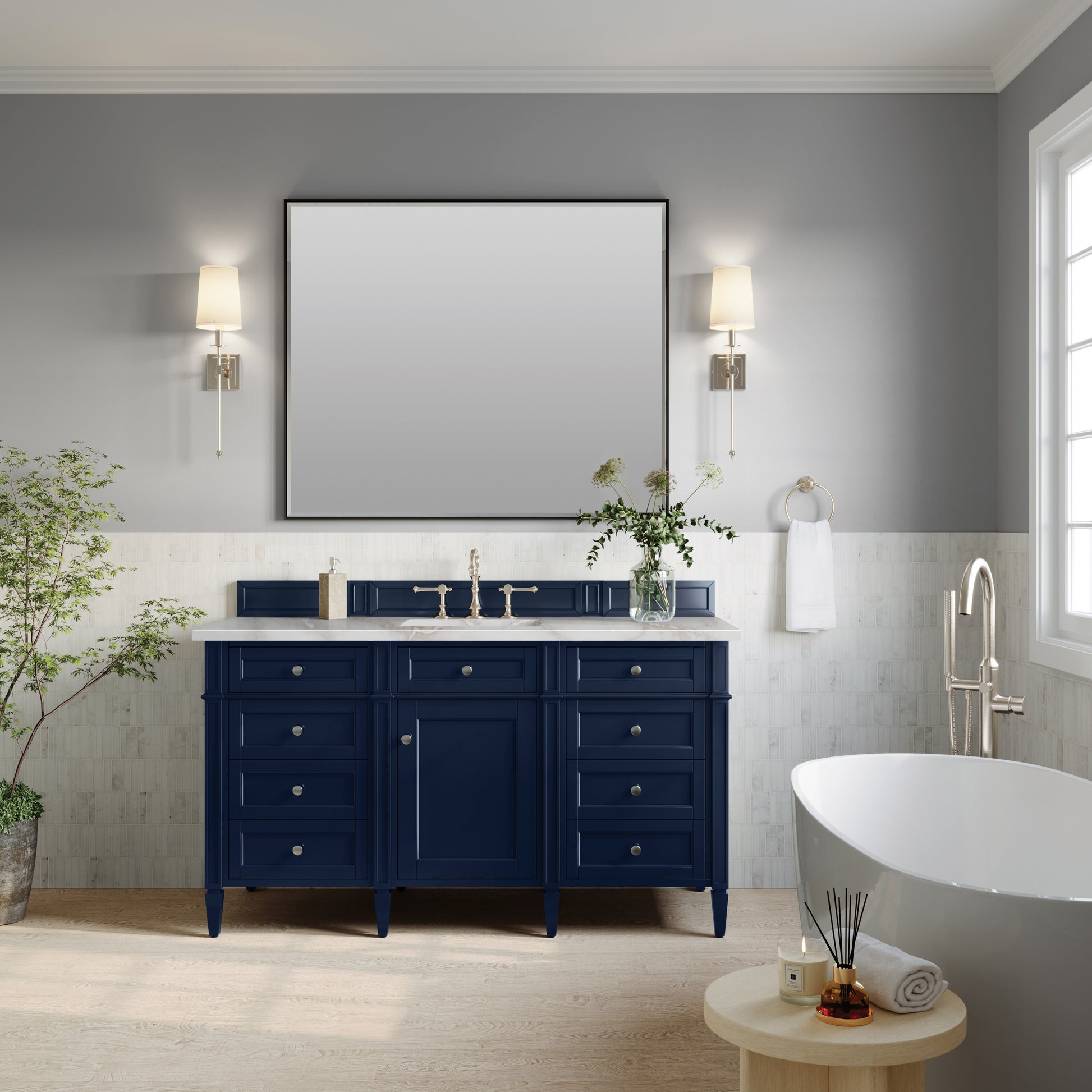 James Martin Vanities Brittany 60" Victory Blue Single Vanity With 3 cm Victorian Silver Silestone Top and FreePower Wireless Charger