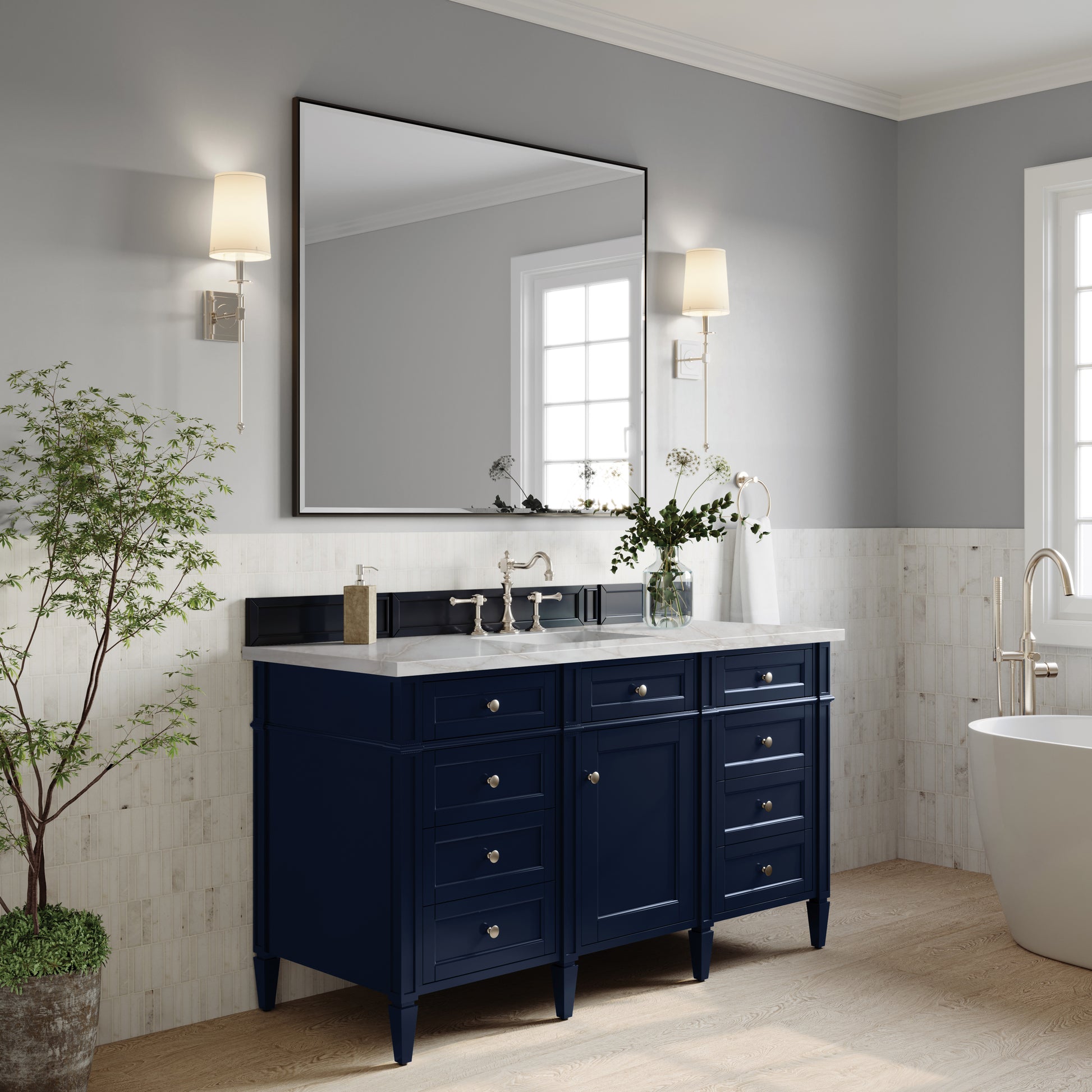 James Martin Vanities Brittany 60" Victory Blue Single Vanity With 3 cm Victorian Silver Silestone Top and FreePower Wireless Charger