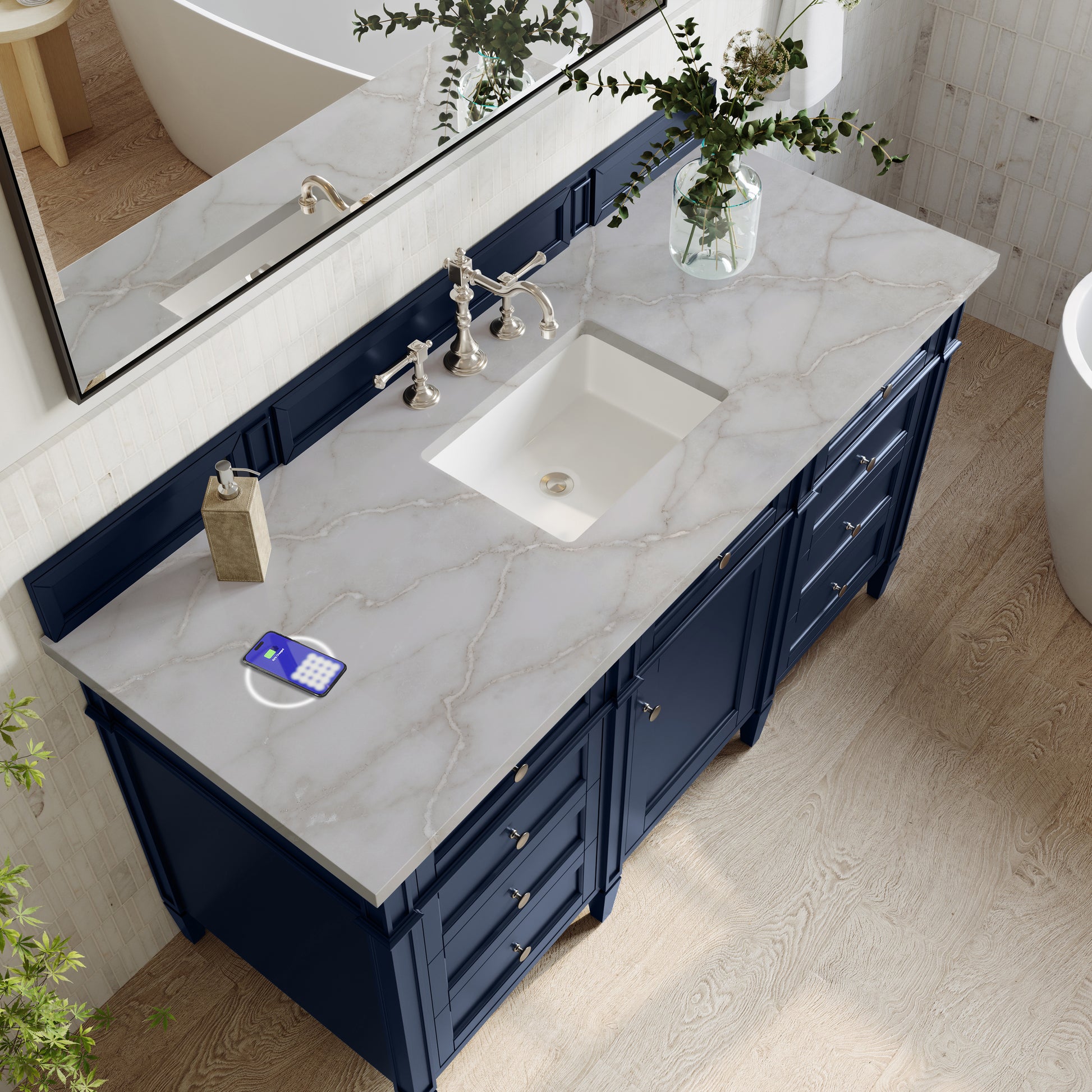 James Martin Vanities Brittany 60" Victory Blue Single Vanity With 3 cm Victorian Silver Silestone Top and FreePower Wireless Charger