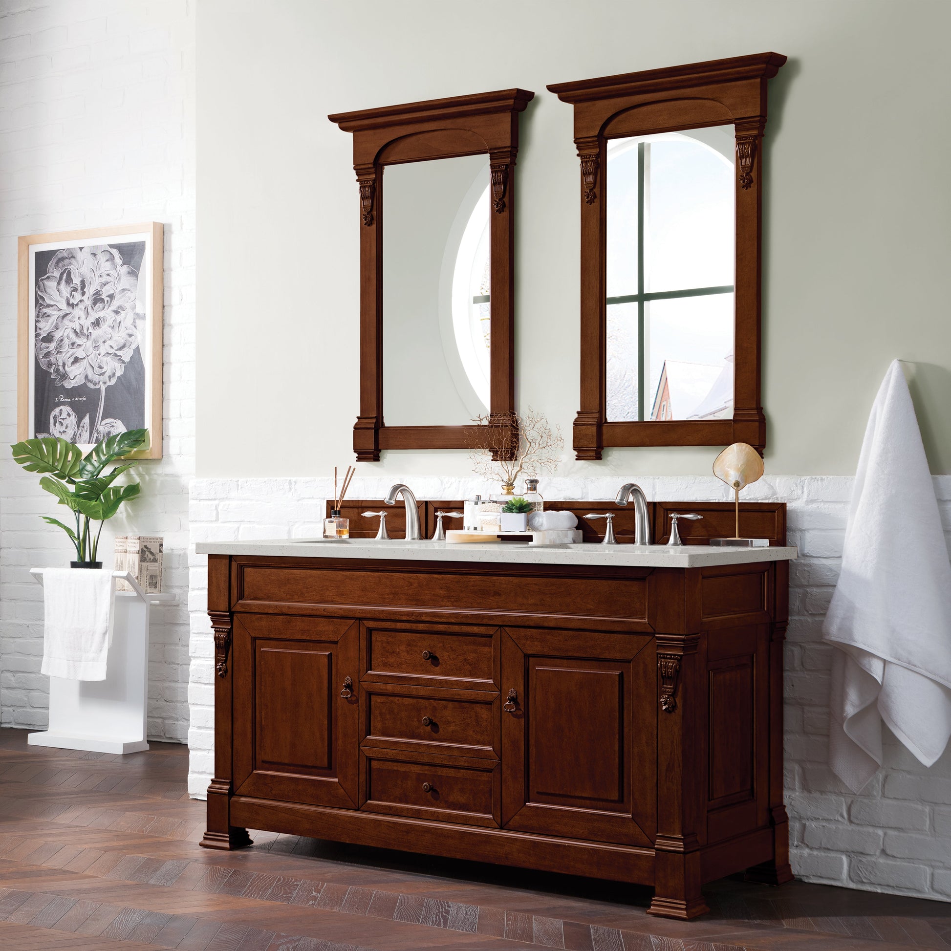 James Martin Vanities Brittany 60" Warm Cherry Double Vanity With 3 cm Lime Delight Quartz Top