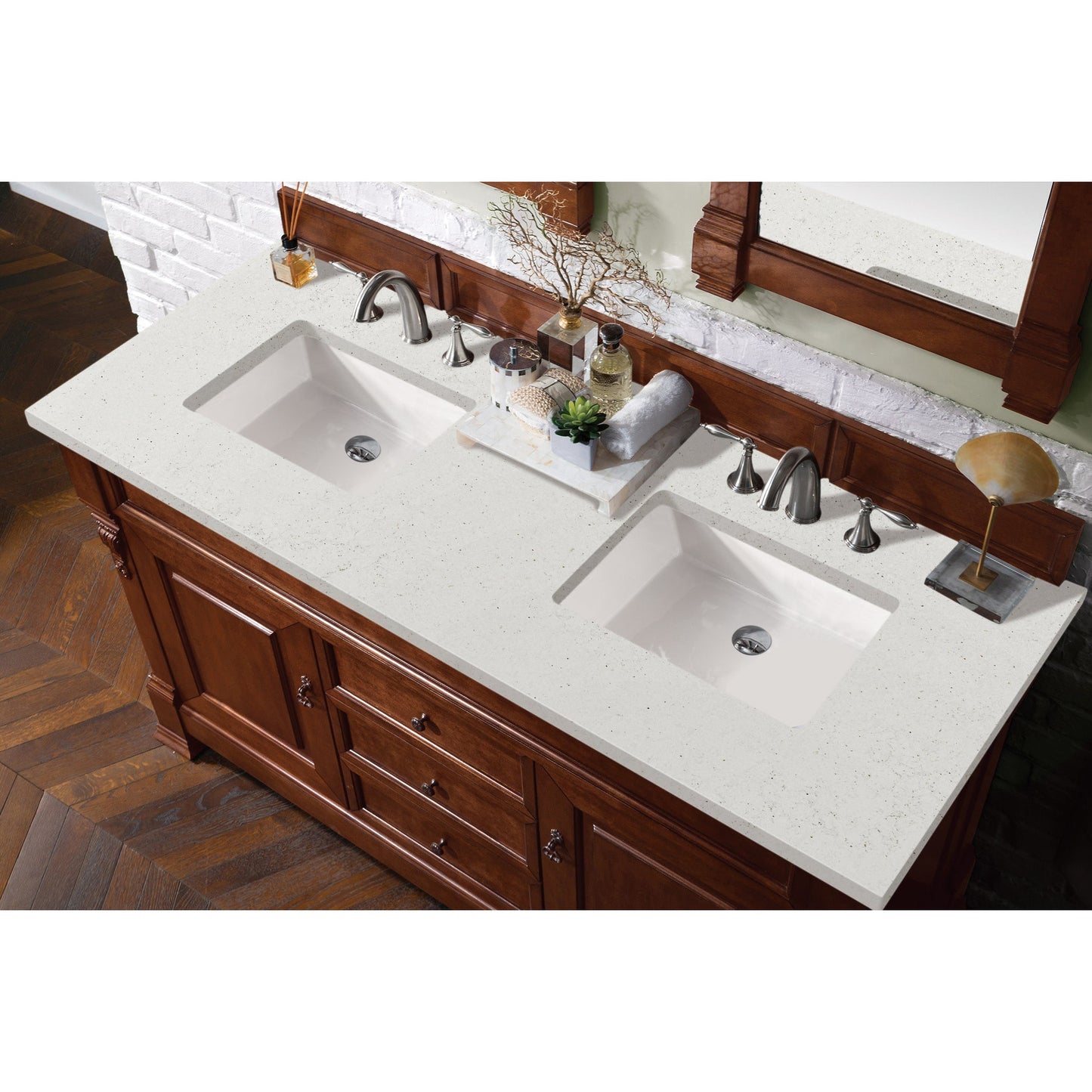 James Martin Vanities Brittany 60" Warm Cherry Double Vanity With 3 cm Lime Delight Quartz Top