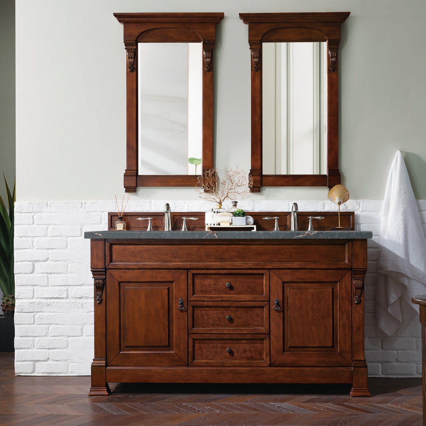 James Martin Vanities Brittany 60" Warm Cherry Double Vanity With 3 cm Parisien Bleu Quartz Top