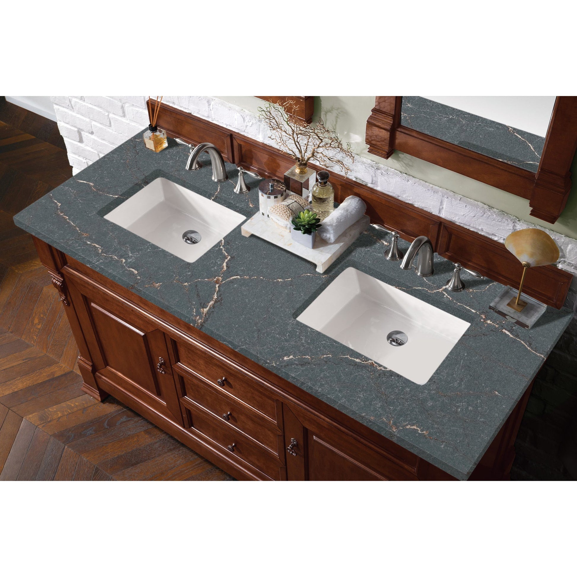 James Martin Vanities Brittany 60" Warm Cherry Double Vanity With 3 cm Parisien Bleu Quartz Top