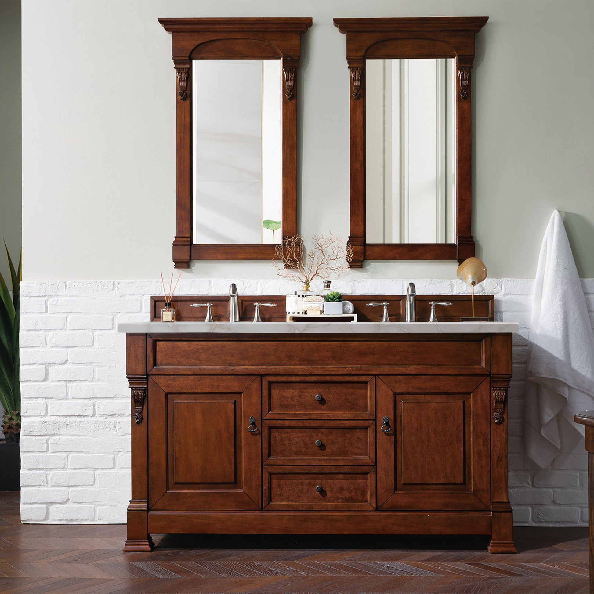 James Martin Vanities Brittany 60" Warm Cherry Double Vanity With 3 cm Victorian Silver Quartz Top