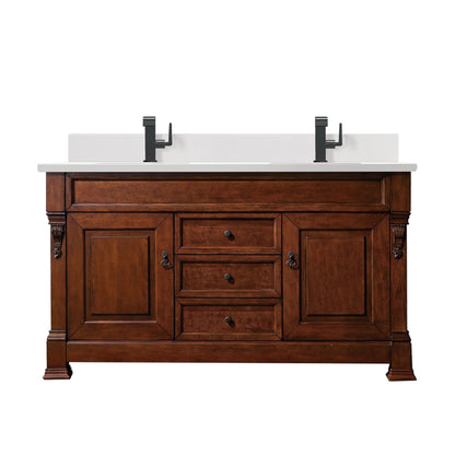 James Martin Vanities Brittany 60" Warm Cherry Double Vanity With Single Hole 3 cm White Zeus Quartz Top & Backsplash