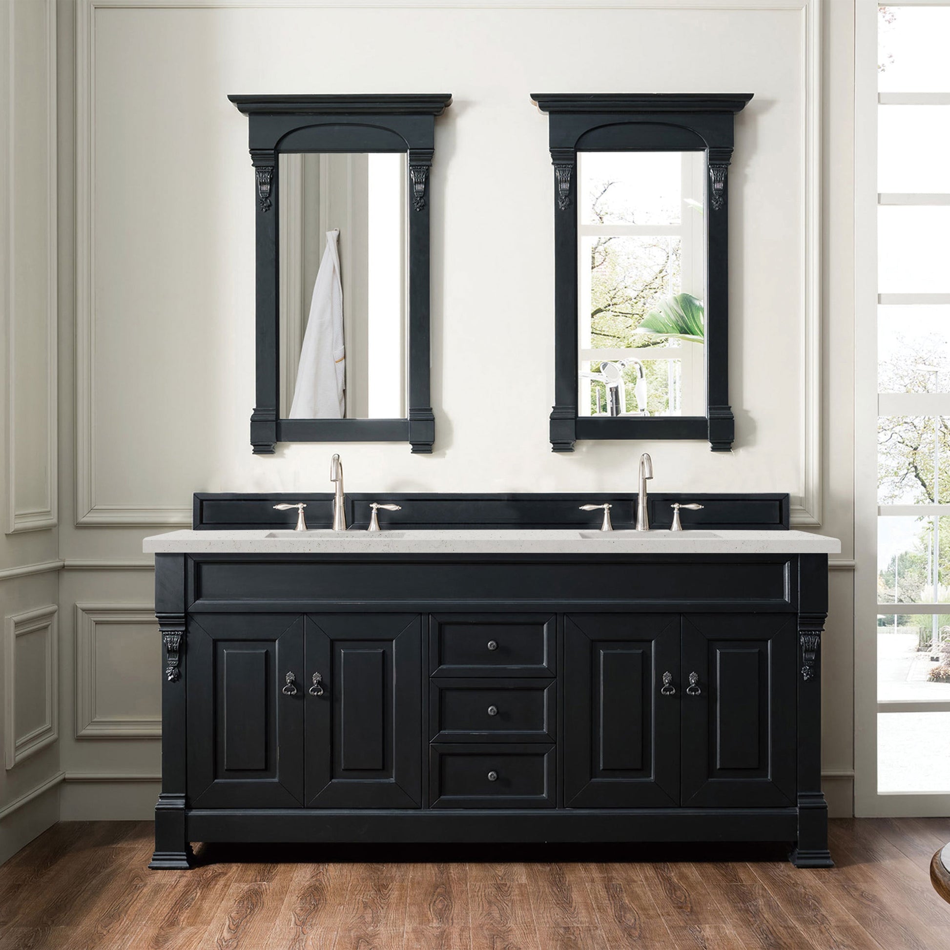 James Martin Vanities Brittany 72" Antique Black Double Vanity With 3 cm Lime Delight Quartz Top