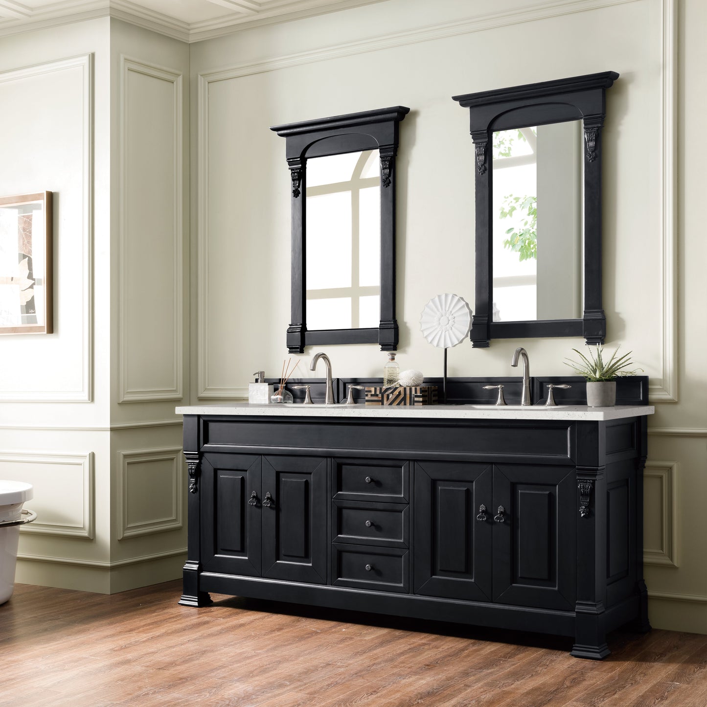 James Martin Vanities Brittany 72" Antique Black Double Vanity With 3 cm Lime Delight Quartz Top